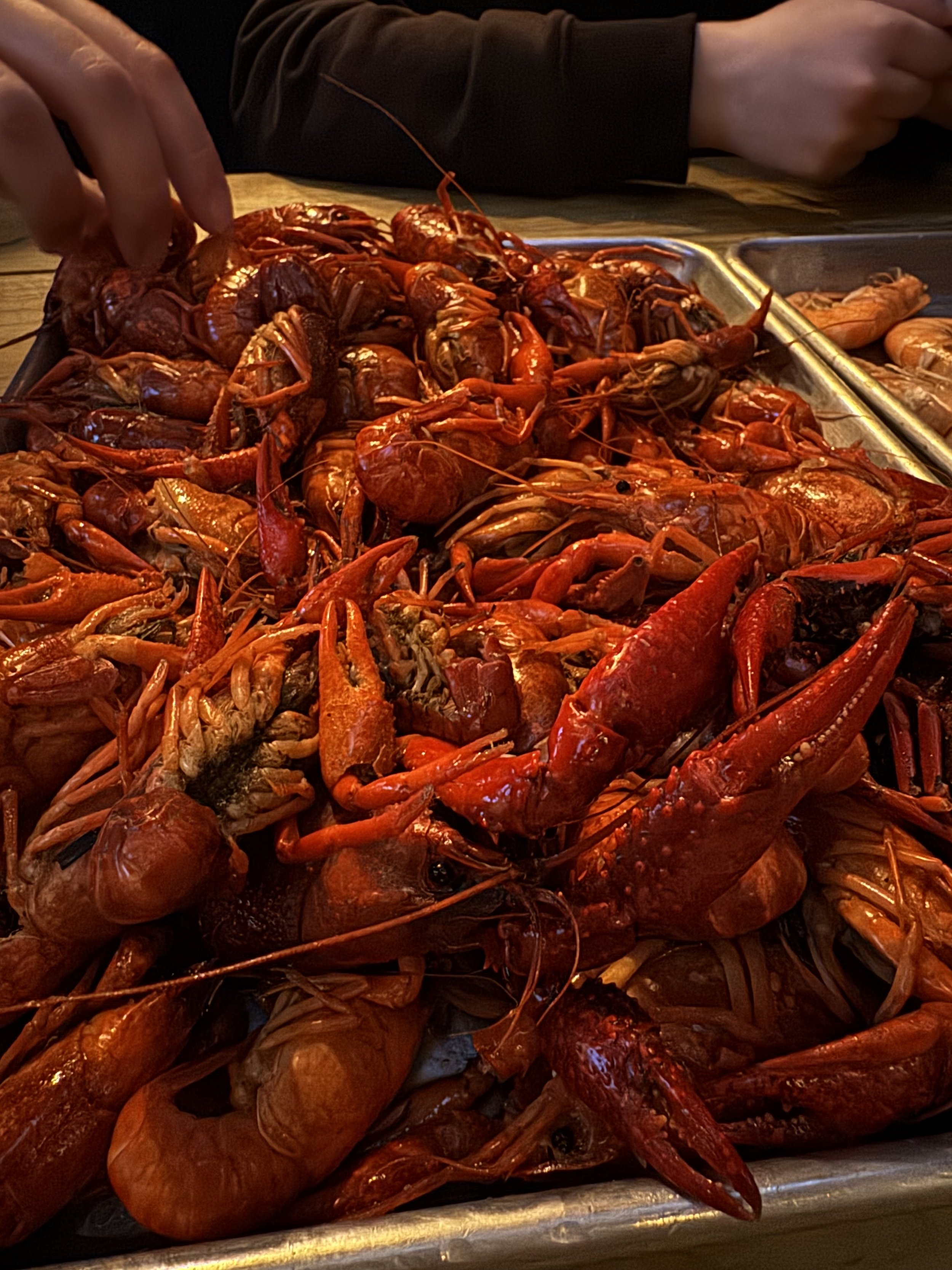 Close-up of cooked crawfish and lobster on a tray, with a person's hand reaching towards them.
