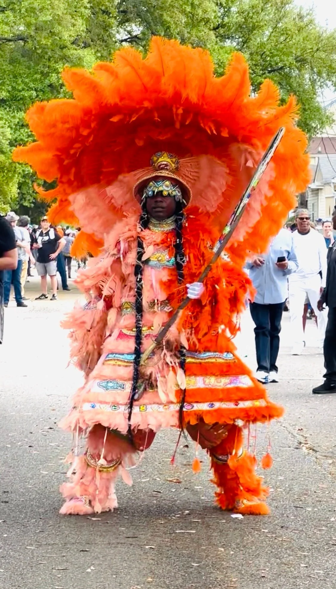 A person dressed in vibrant, elaborate costume with large orange feathers, beads, and jewelry, holding a staff, participating in a cultural parade or celebration in New Orleans. The crowd and trees are visible in the background.