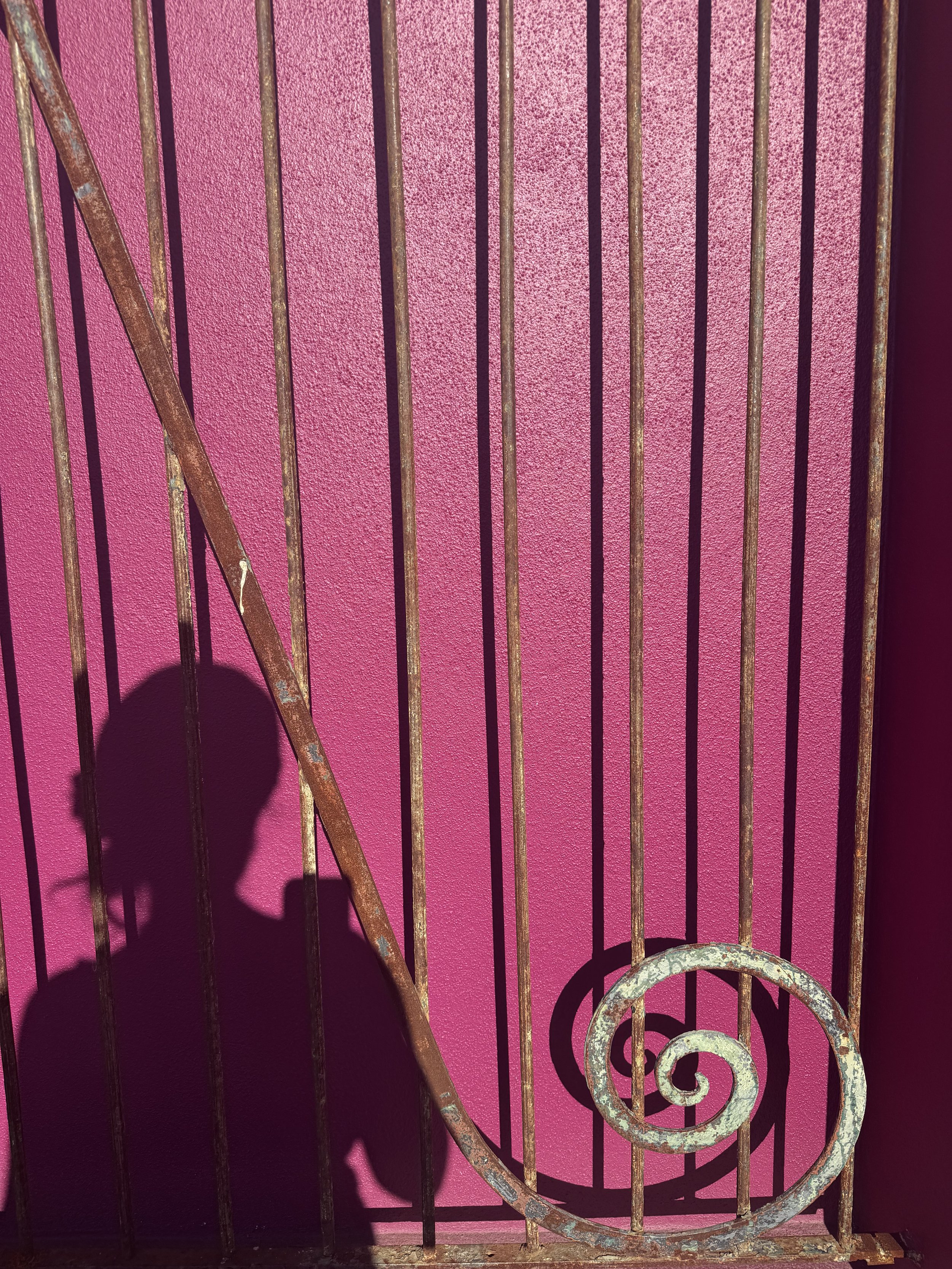 Close-up of a rusted iron gate with a spiral design, casting a shadow on a pink textured wall.
