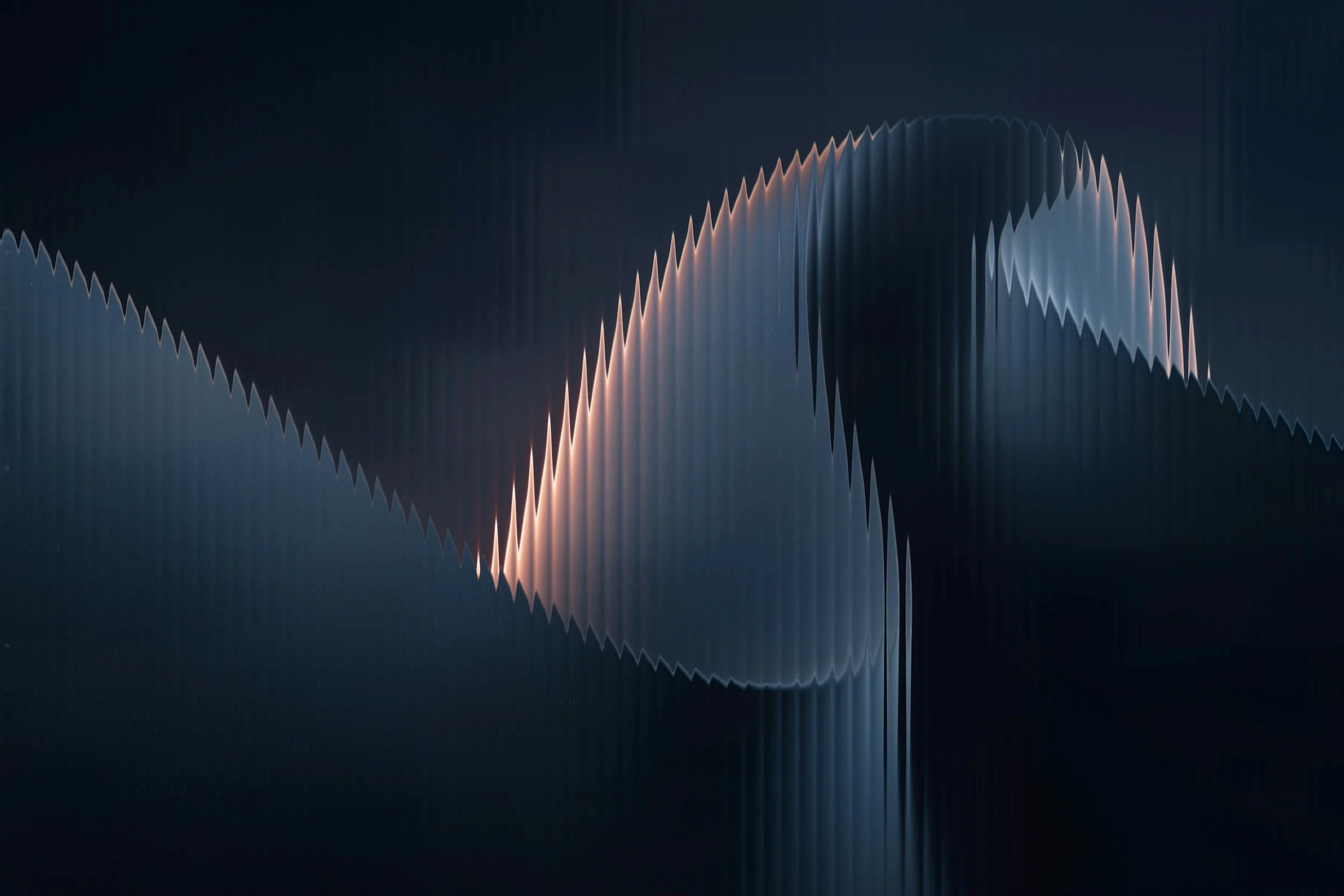 Abstract digital art with dark background and flowing, wave-like shapes illuminated by soft pink and white lighting.