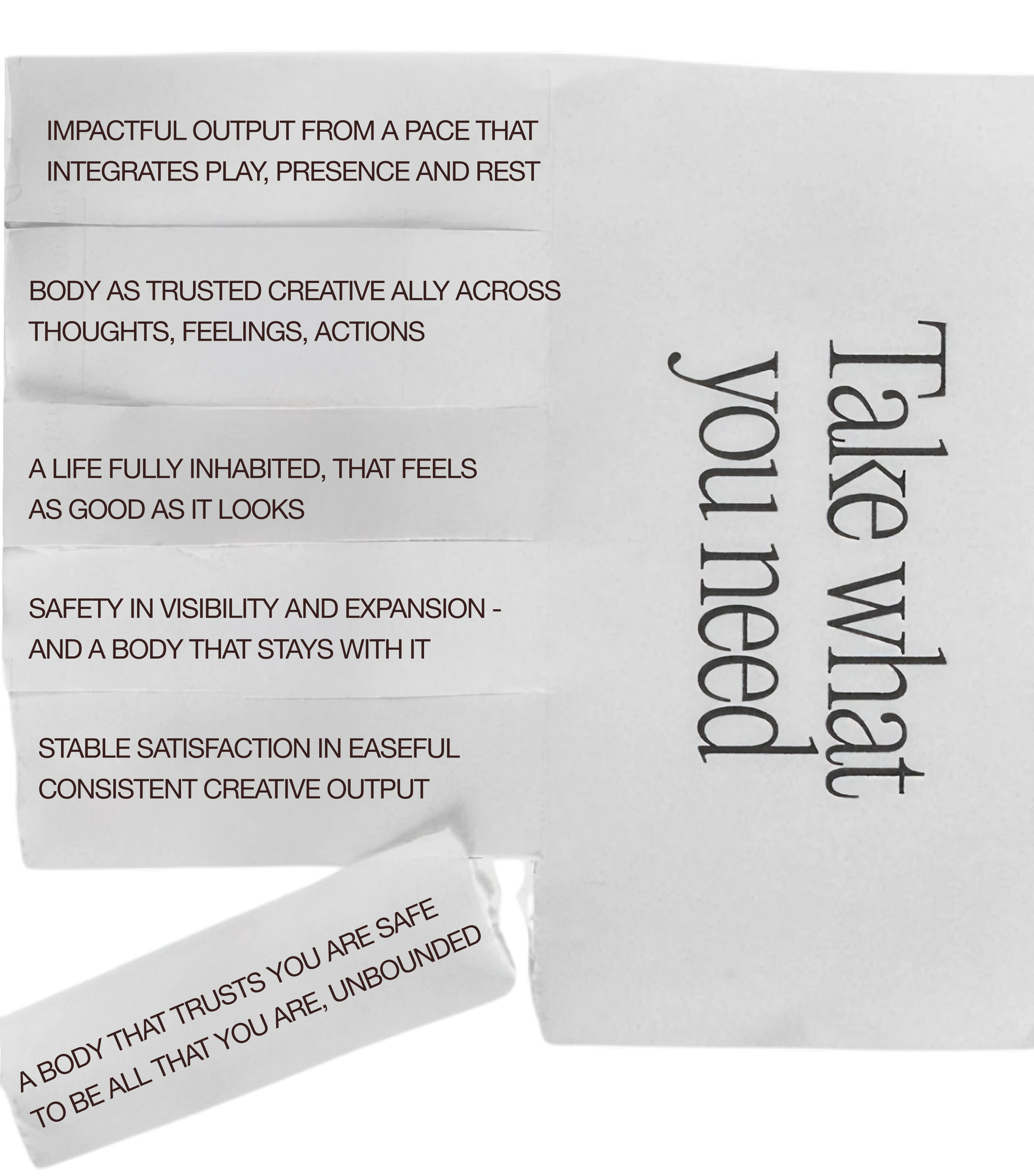 Text on a white background with phrases like 'impactful output from a pace that integrates play, presence and rest,' 'body as trusted creative ally across thoughts, feelings, actions,' and 'safe in visibility and expansion.' The text appears to be part of a motivational or artistic quote or statement.