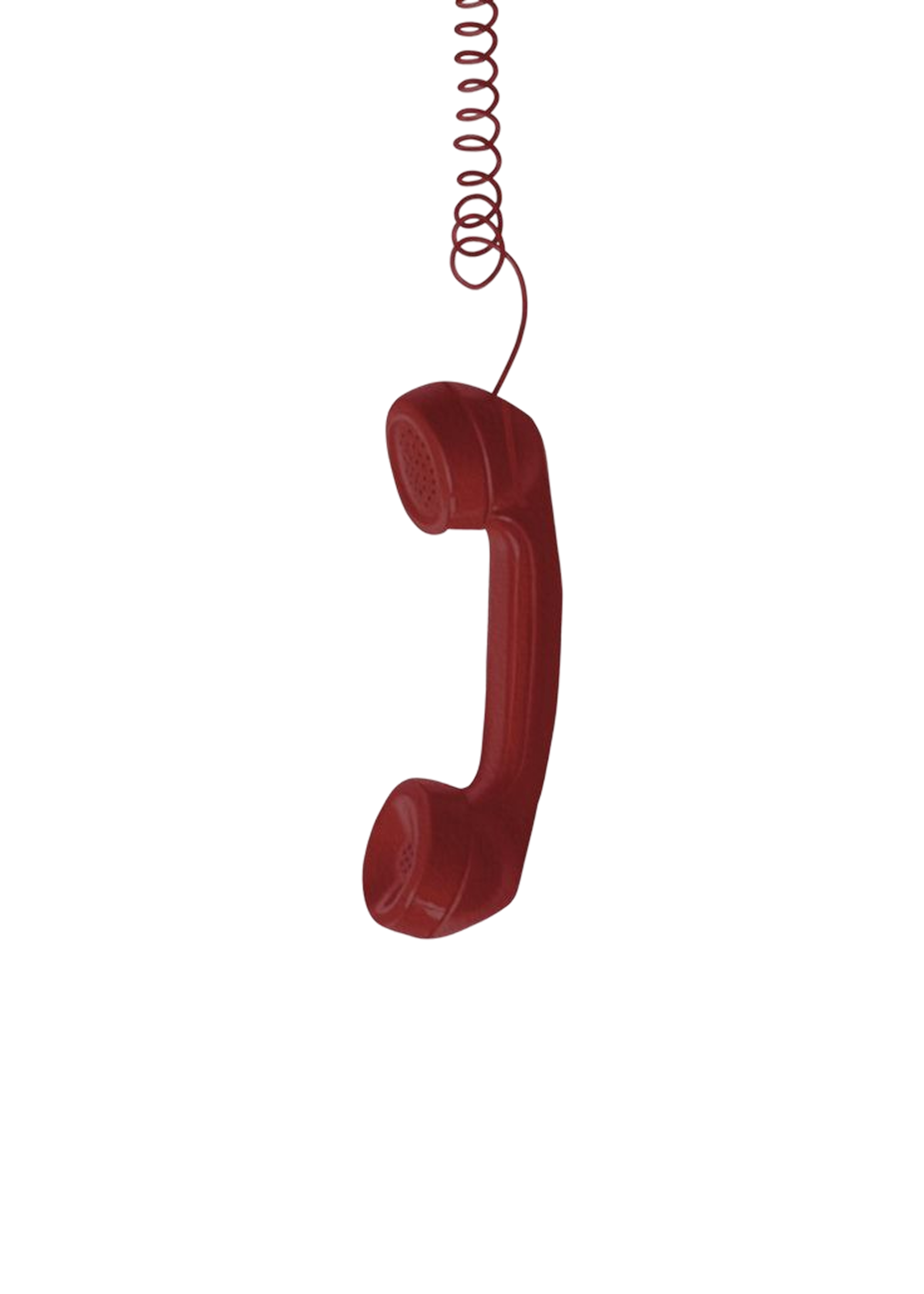 A vintage red rotary dial telephone hanging from a curly cord.
