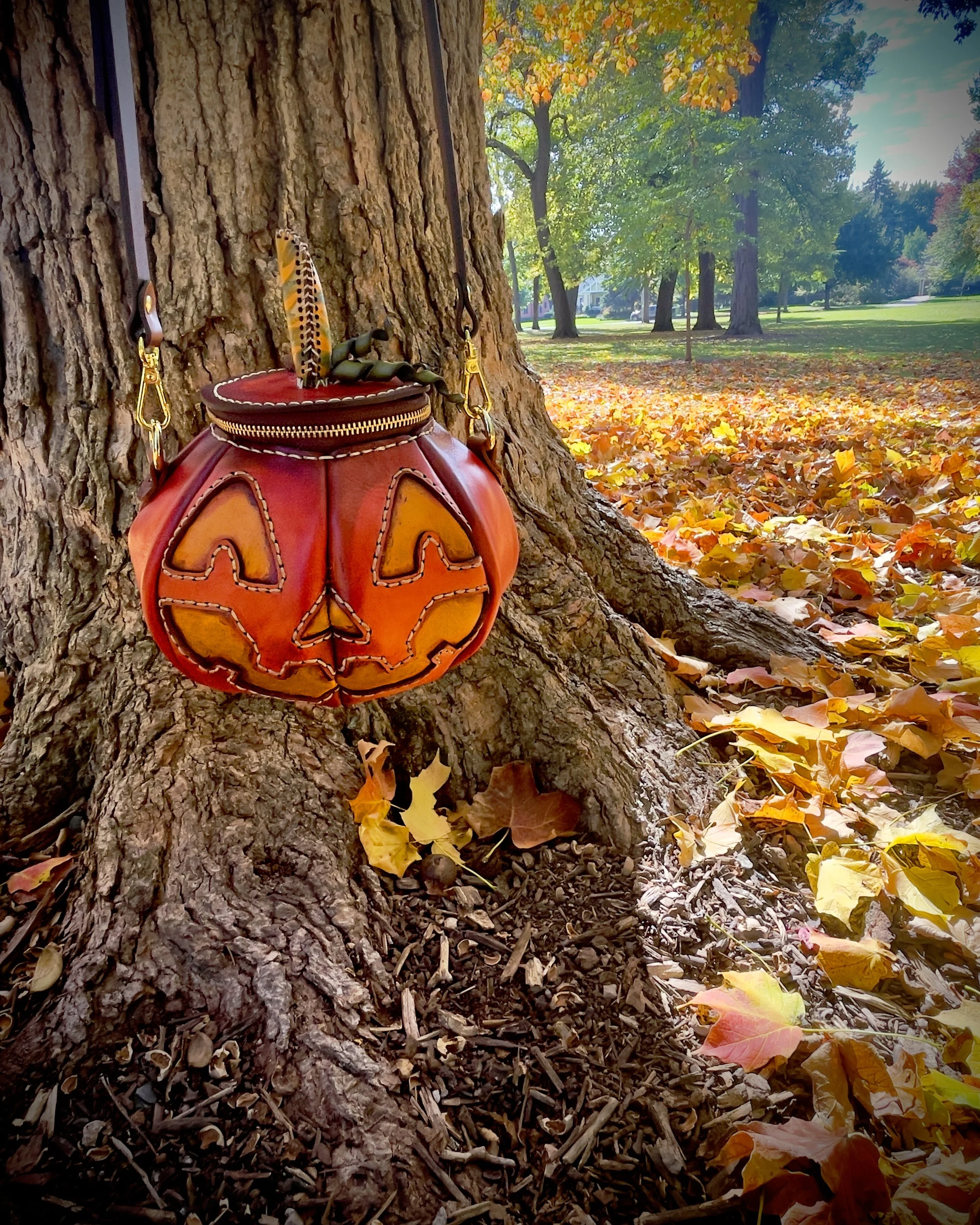 The Great Pumpkin bag hanging in a park with tons of Autumn leaves on the ground all around. It’s hanging in front of a large tree with golden hour light all around.