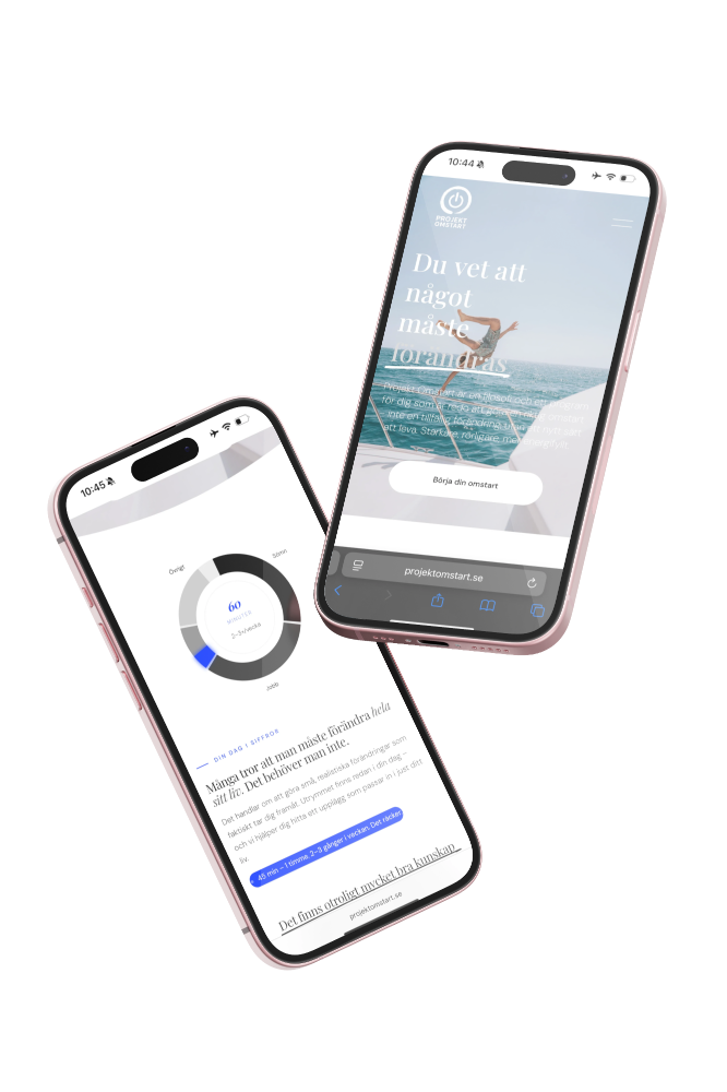 Två smartphones, en med en startskärm för ett projekt och en annan med en cyklist vid havet.
