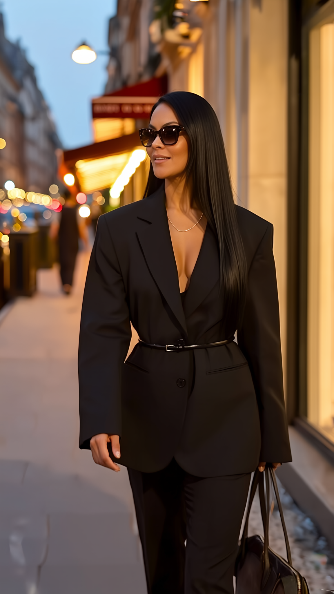 Woman wearing a black suit with a belt, sunglasses, and holding a bag walking on a city sidewalk at dusk, illuminated by streetlights.