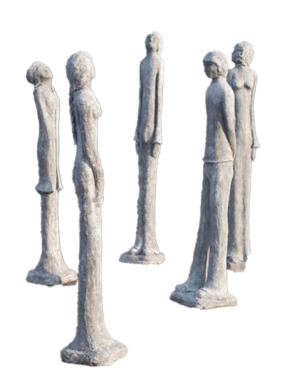 Six stone statues of standing human figures arranged in a loose group outdoors.