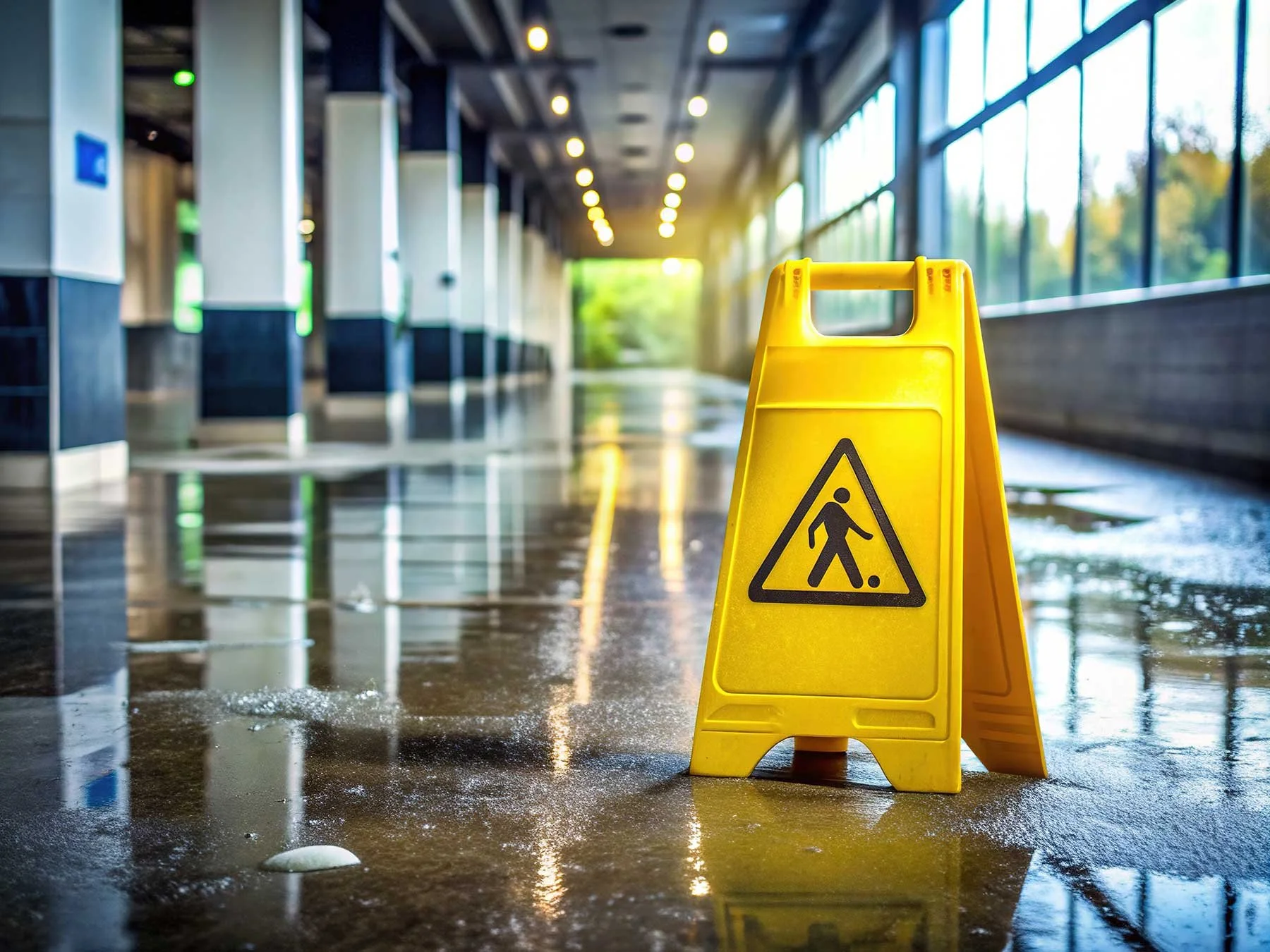 Yellow wet floor caution sign in an indoor public space with water on the floor and large windows showing greenery outside.