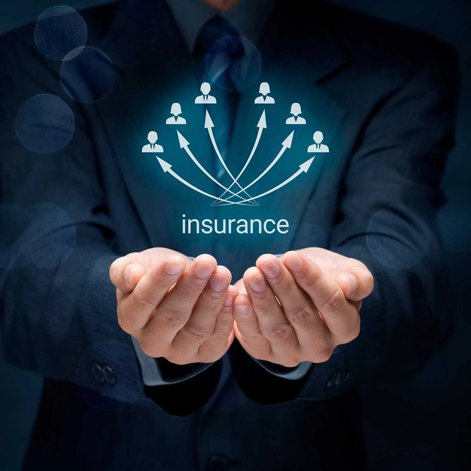Person in a suit holding their hands together with a digital graphic of various people connected by arrows and the word 'insurance' beneath.