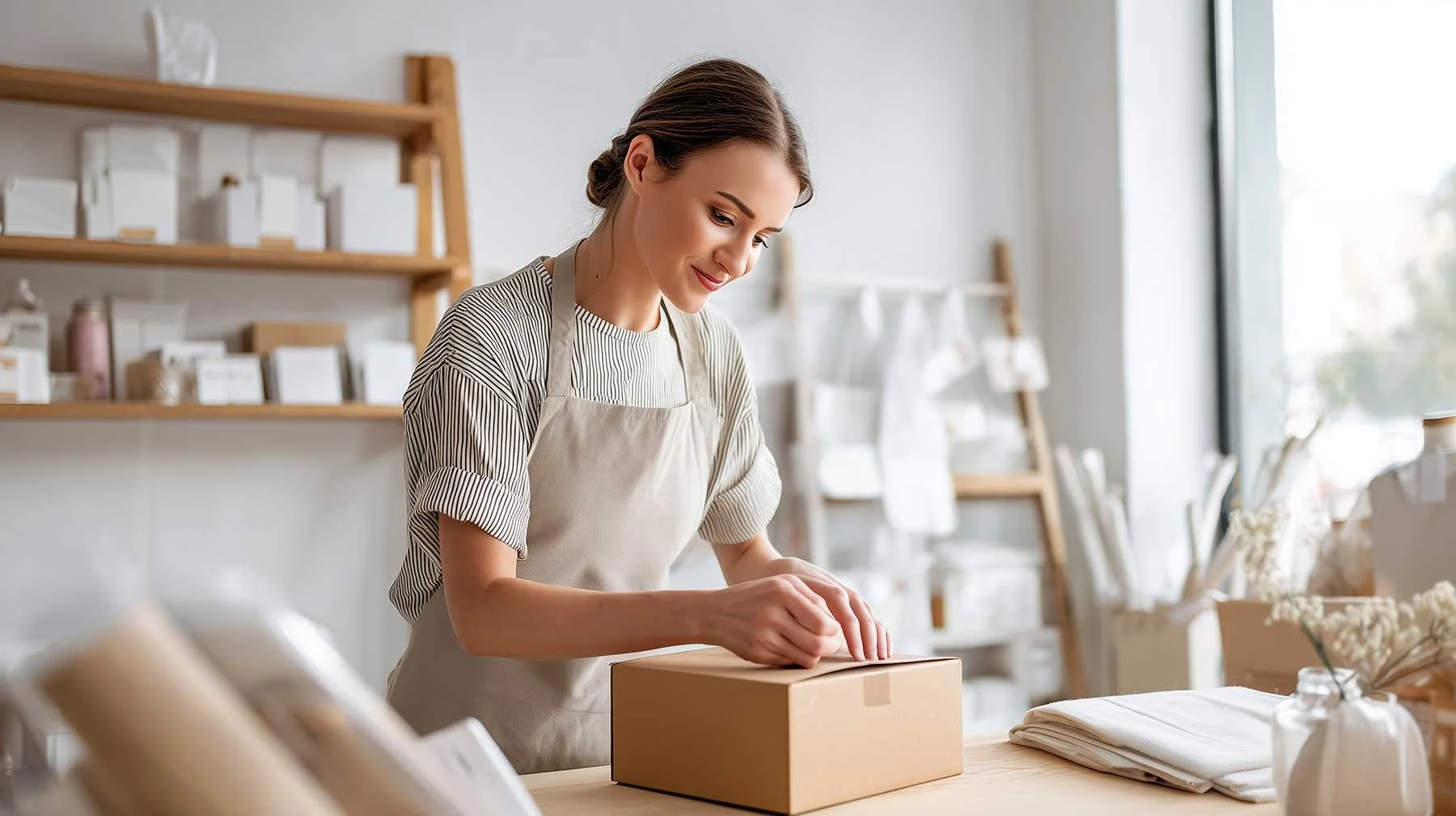 A woman in a beige apron and striped shirt is smiling and sealing a cardboard box in a craft or packaging shop.