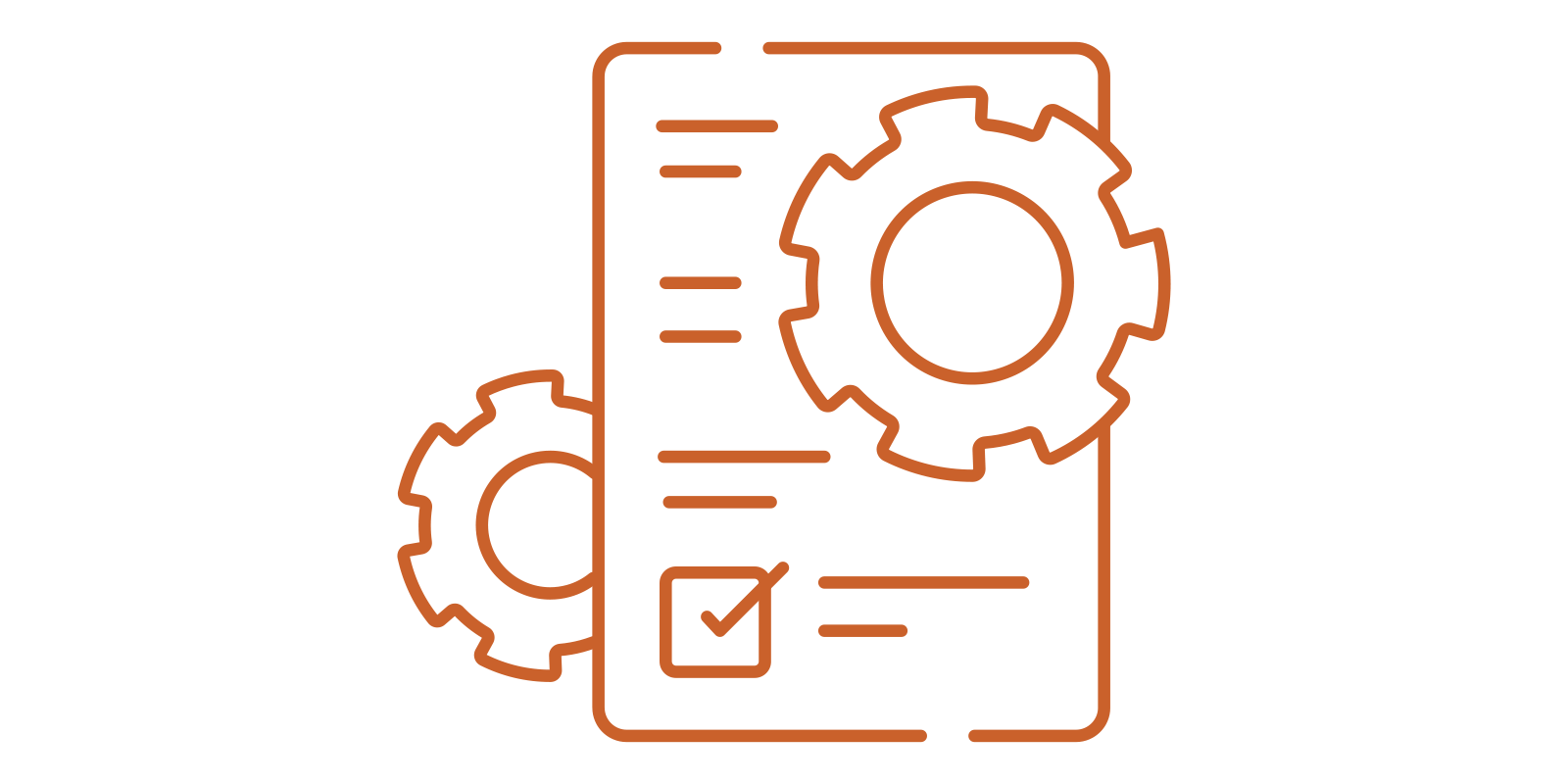 Outline illustration of a report with gears and a checkmark, symbolizing settings or processes.