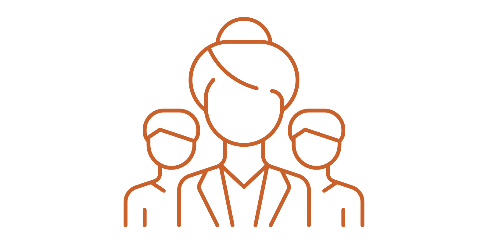 Outline illustration of a professional woman with two colleagues in the background, all wearing masks.
