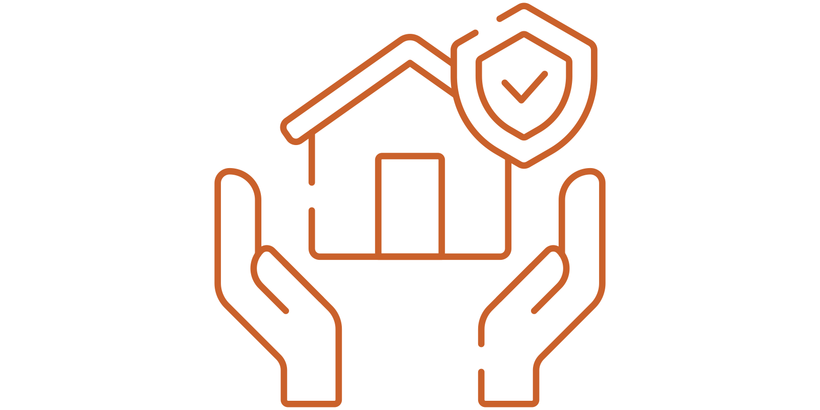 Outline of two hands holding a house with a shield on the roof, indicating home protection or insurance.