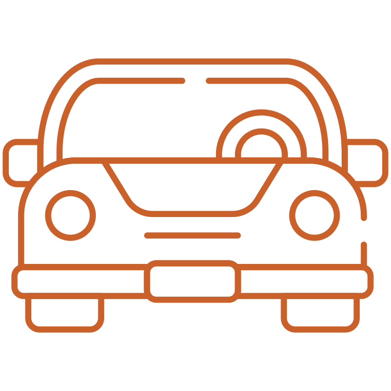 Outline of a vintage car front view in brown with large round headlights and a bumper.