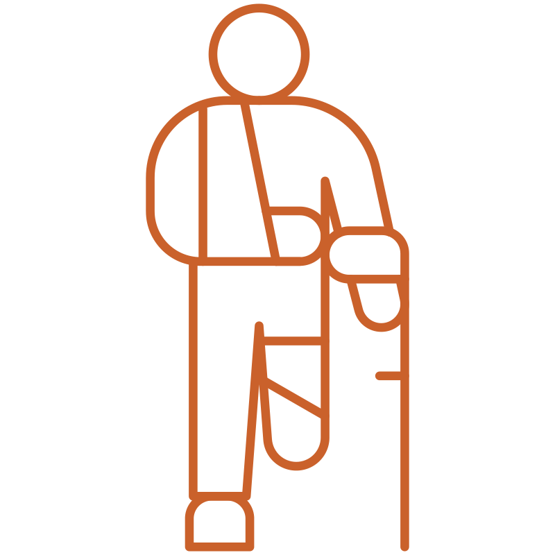 Outline illustration of a person with a cane and a guide dog.