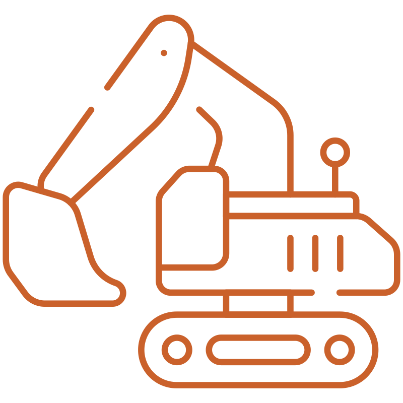 Line drawing of a construction excavator in orange outline.
