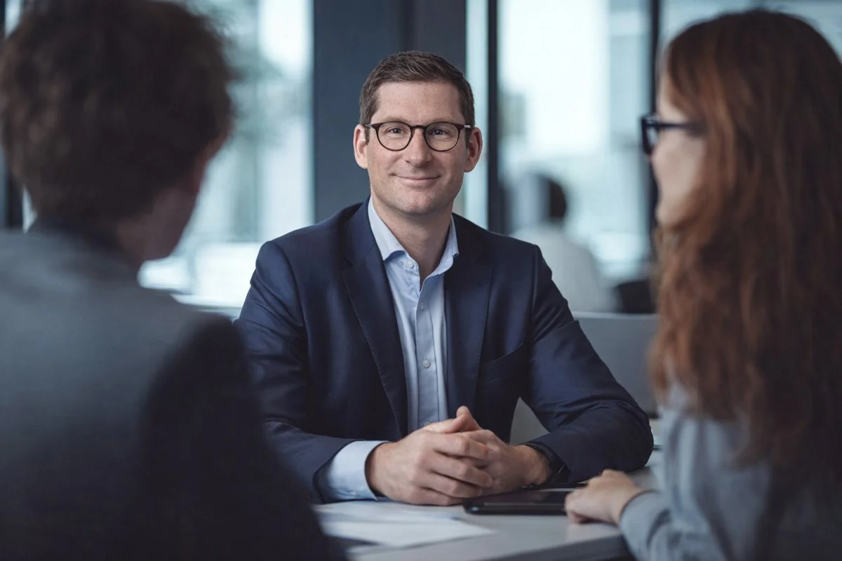 Business interview or meeting in a modern office with three people, one man in focus with glasses and a navy suit, two people blurred in the foreground.