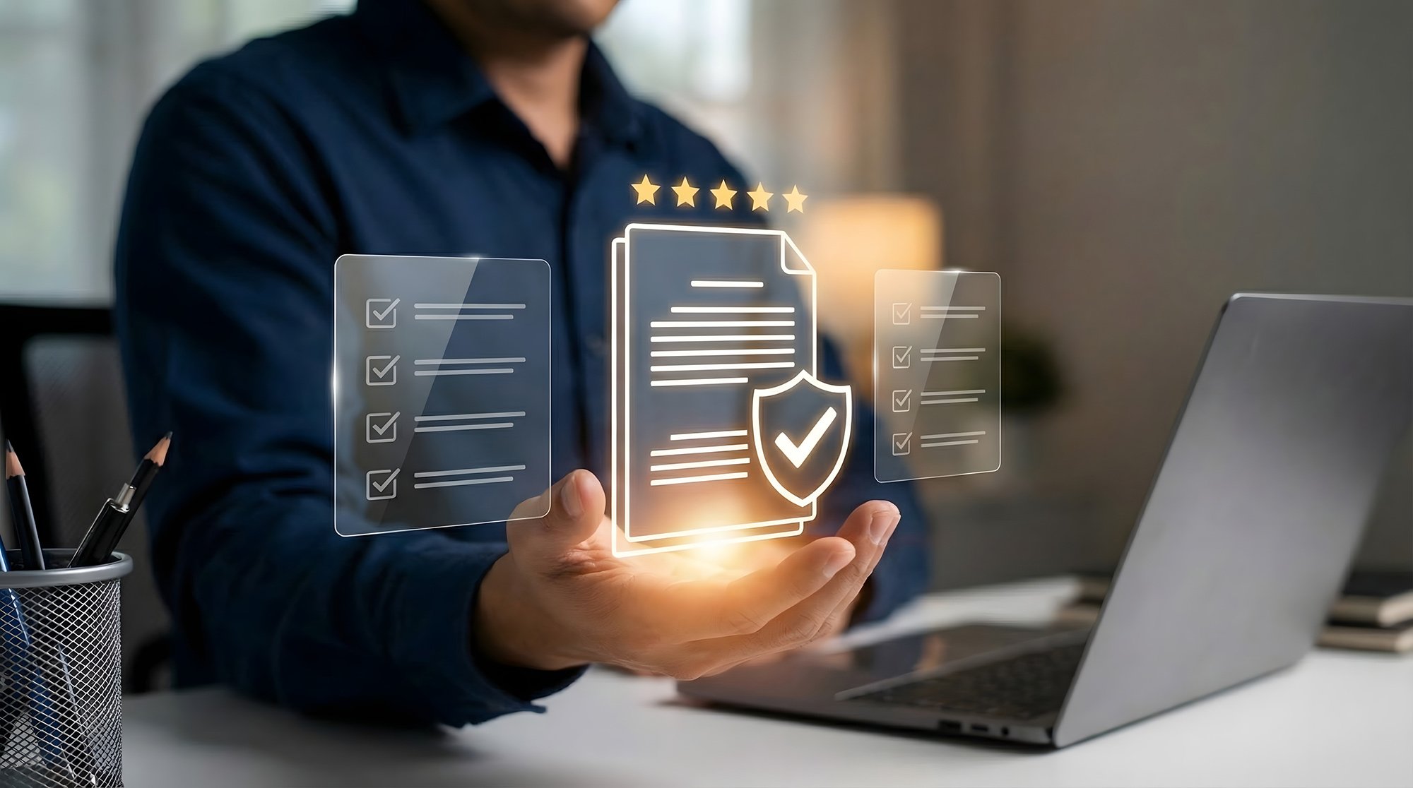 Person holding a digital icon of a document with a shield and checkmark, representing secure document management, in an office setting with a laptop and office supplies.