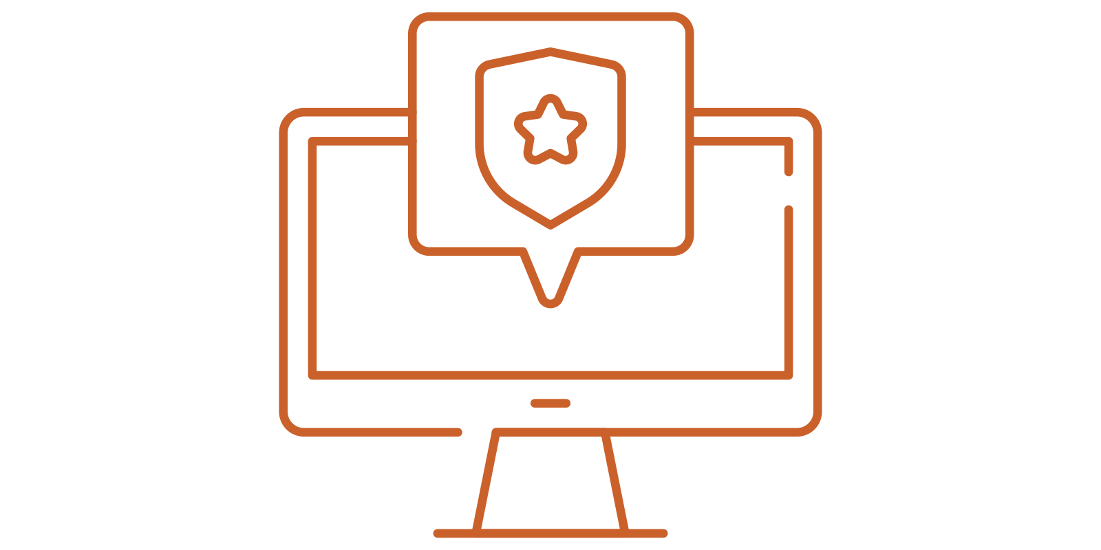 A digital illustration of a computer monitor with a speech bubble containing a shield and star symbol.