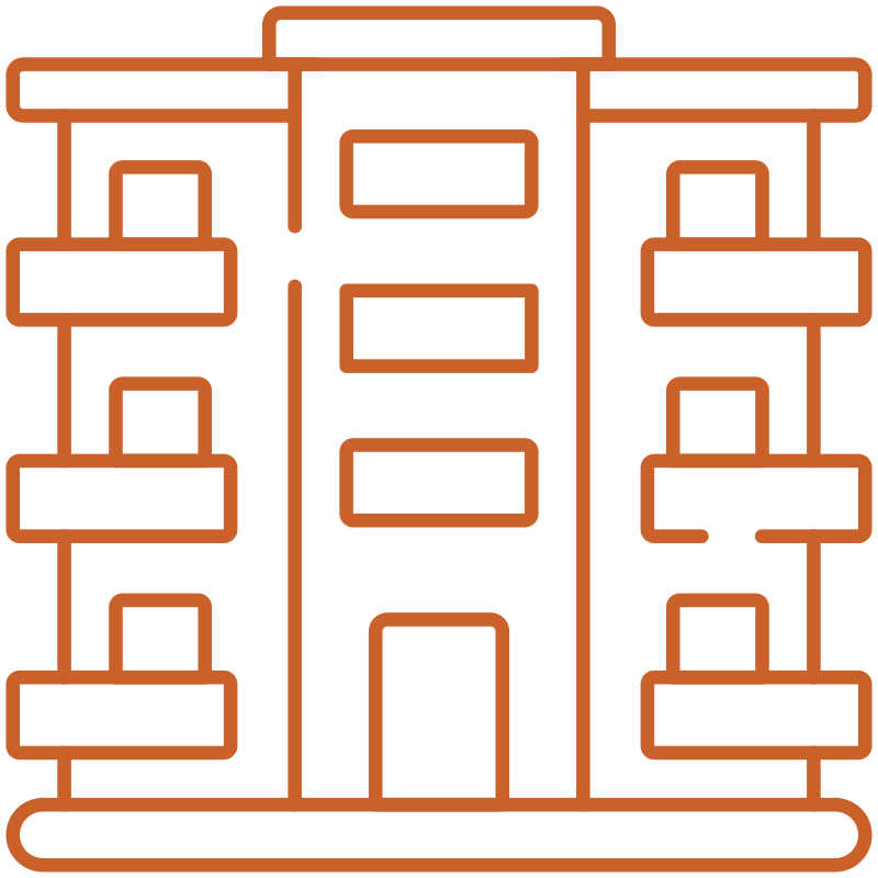 Outline drawing of a city skyline with various high-rise buildings.