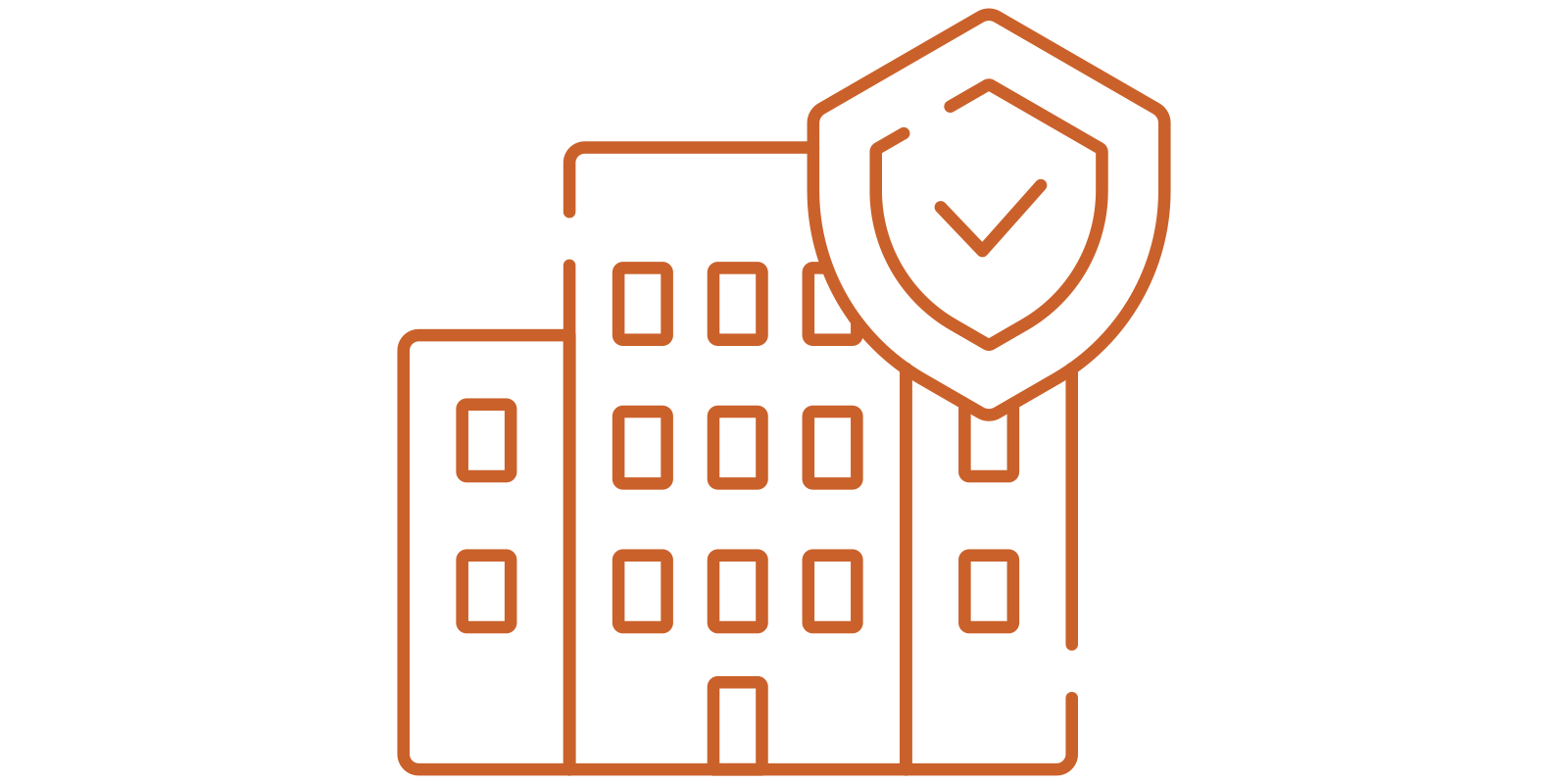 Outline illustration of a multi-story building with a shield and checkmark icon, symbolizing security or protection of a facility.