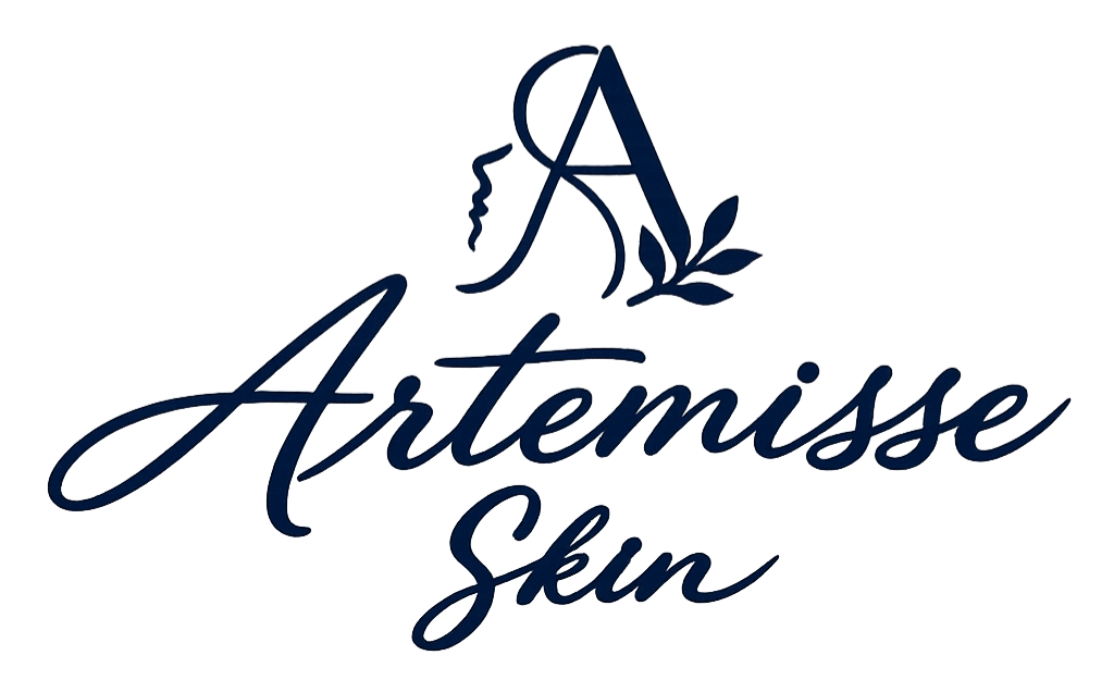 Logo for Artermisse Skin featuring a stylized profile of a woman's face with long hair, complemented by a leafy branch, and the company name written in elegant script.