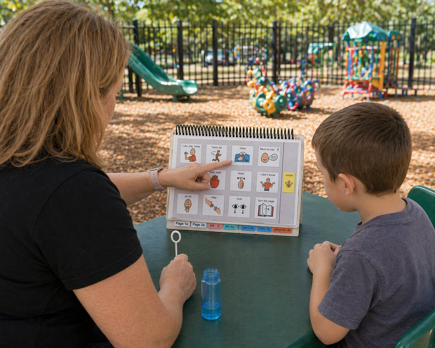 A woman and a boy sitting at a table outdoors with a playground in the background. The woman points to a communication board with pictures and words. The boy watches silently.