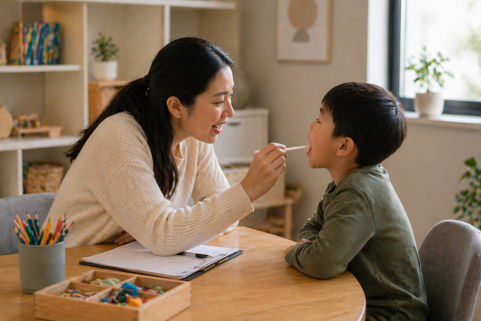 A woman feeding a young boy with a spoon at a desk in a room decorated with plants and shelves.