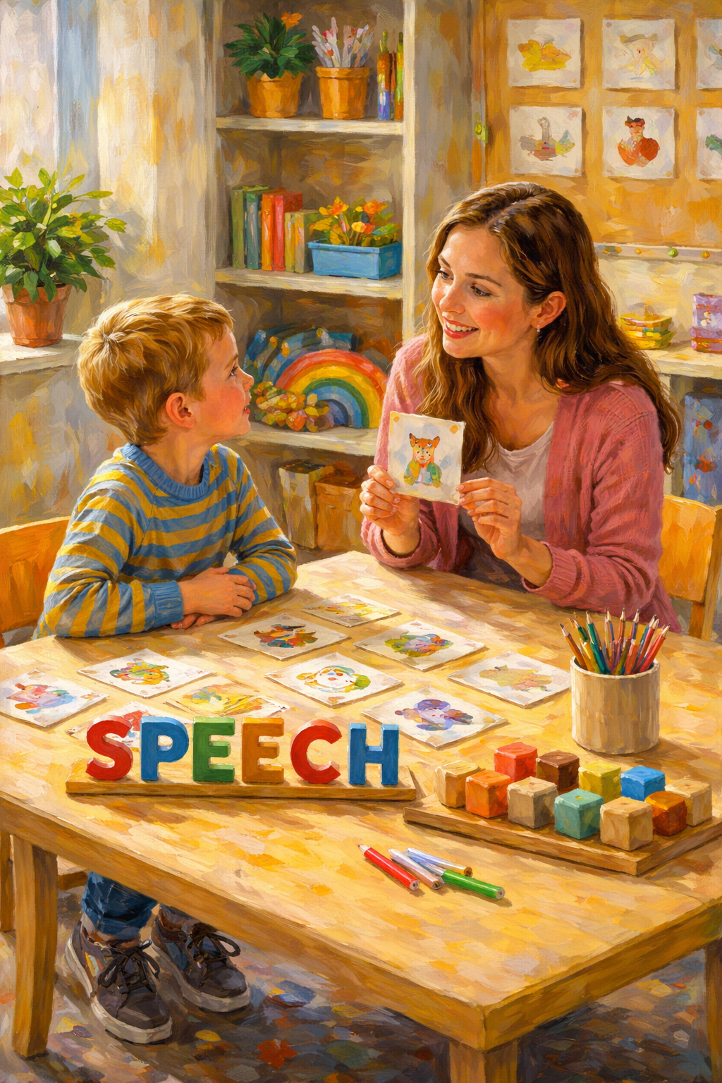 A woman and a young boy sitting at a table in a classroom, engaged in speech therapy activities with picture cards and colorful blocks, with a sign spelling 'SPEECH' on the table.