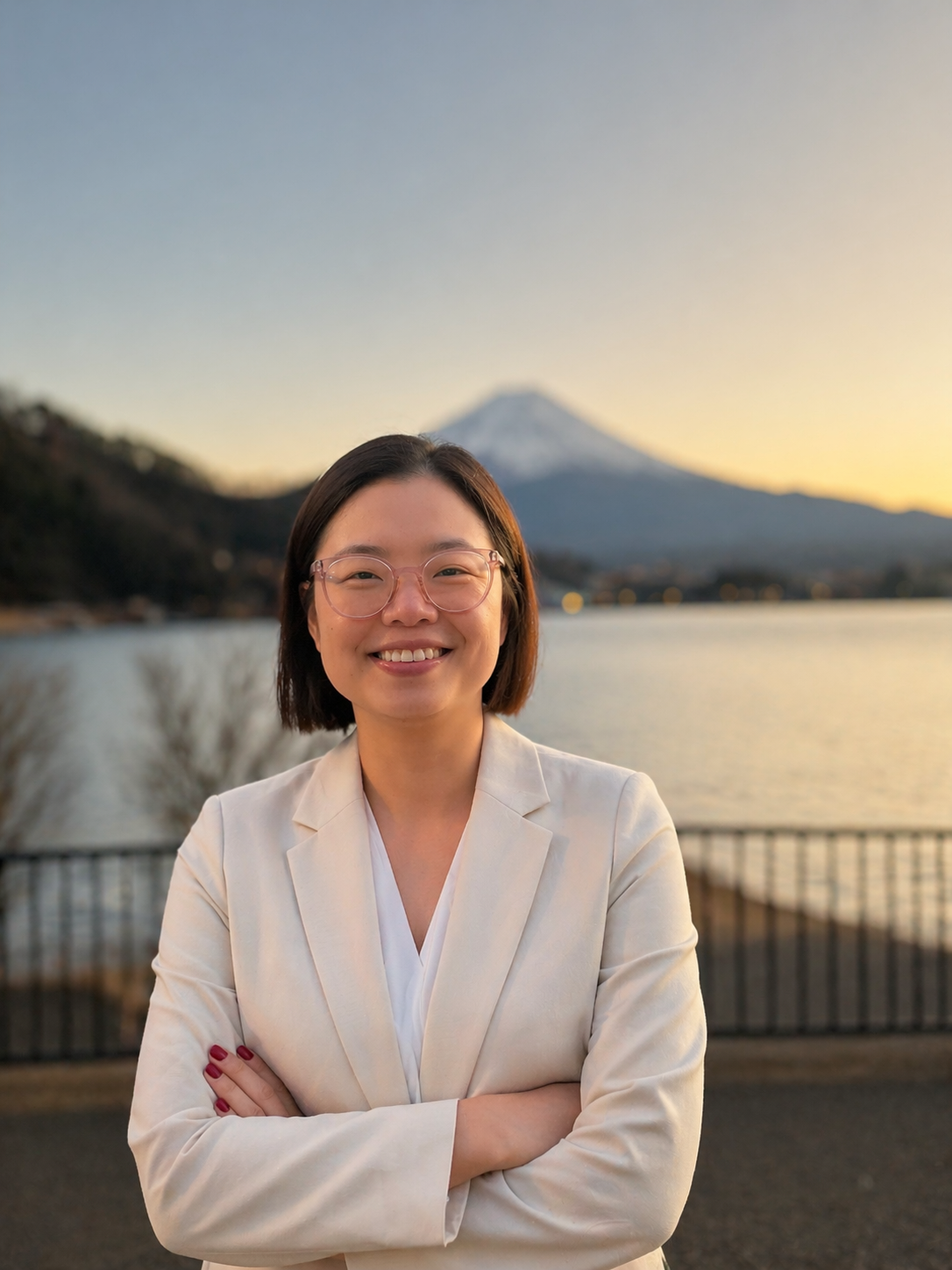 A woman smiling outdoors near a lake with Mount Fuji in the background during sunset, wearing glasses and a beige blazer.