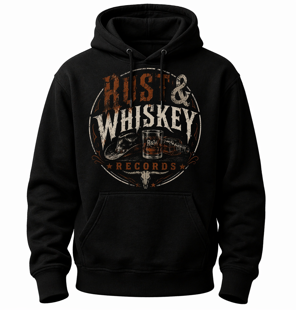 Black hoodie with a graphic design featuring whiskey, a glass, a cowboy hat, and a revolver, along with the text "Hustle & Whiskey Records."