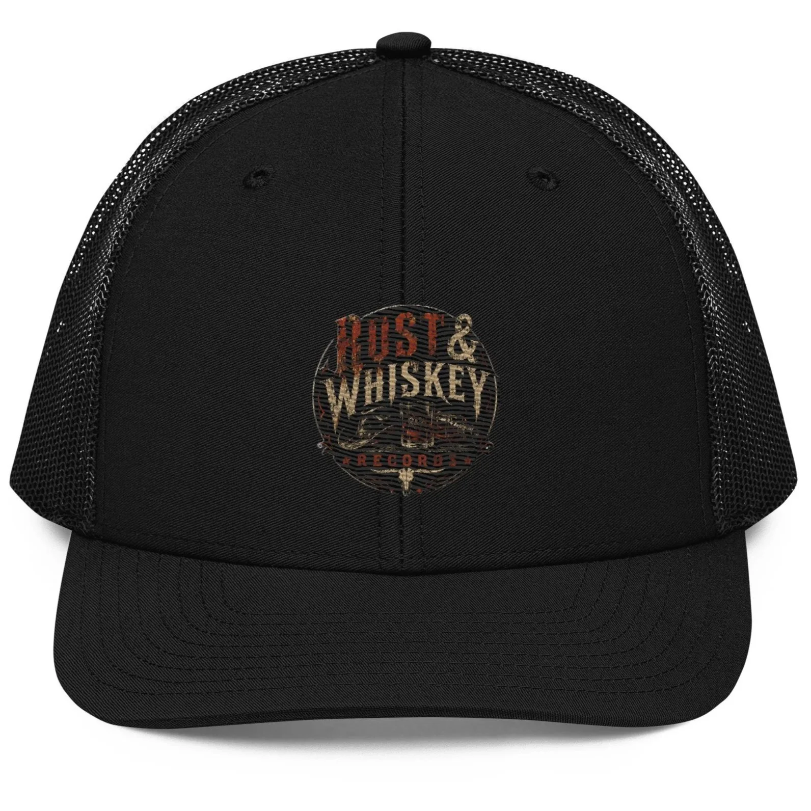 Black trucker hat with mesh back and an embroidered patch that reads "Hustle & Whiskey Records" on the front panel