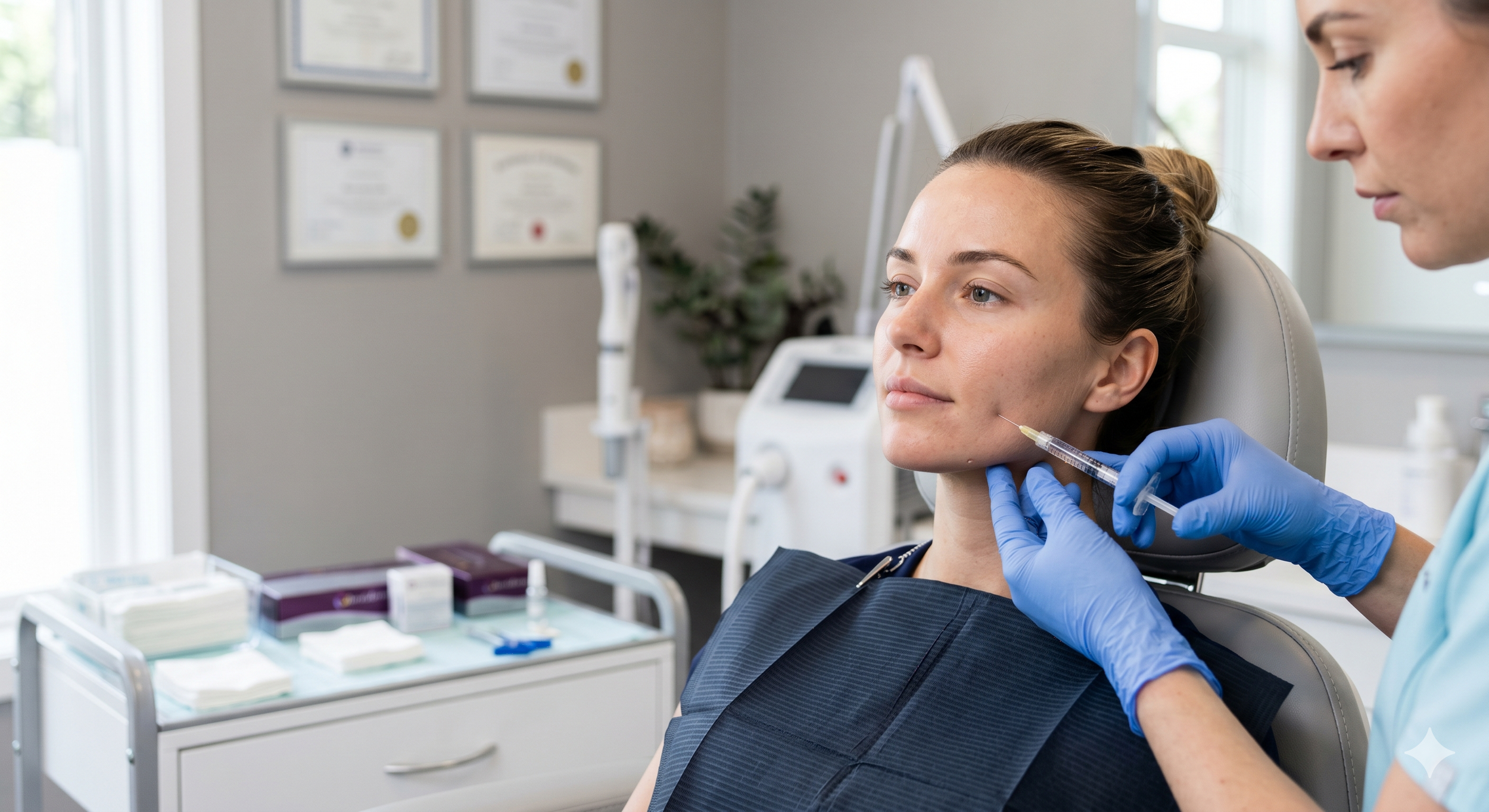 A woman receiving an injection in her chin by a healthcare professional wearing blue gloves in a medical office.