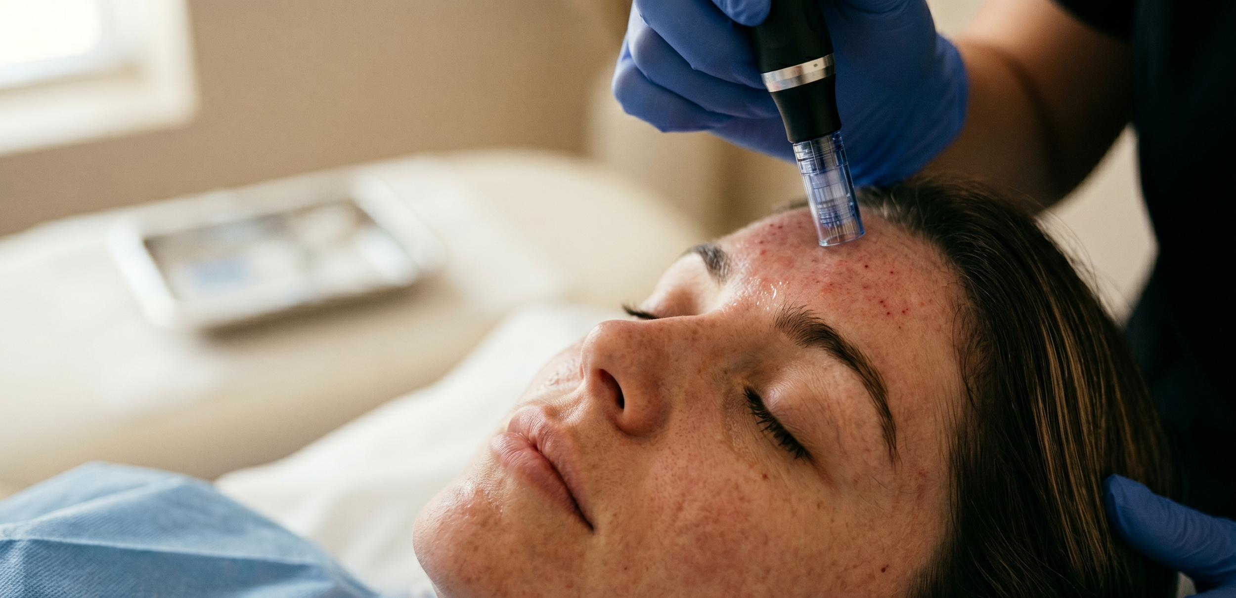 A woman with acne on her face is lying down with her eyes closed while a healthcare professional, wearing blue gloves, uses a device on her forehead.