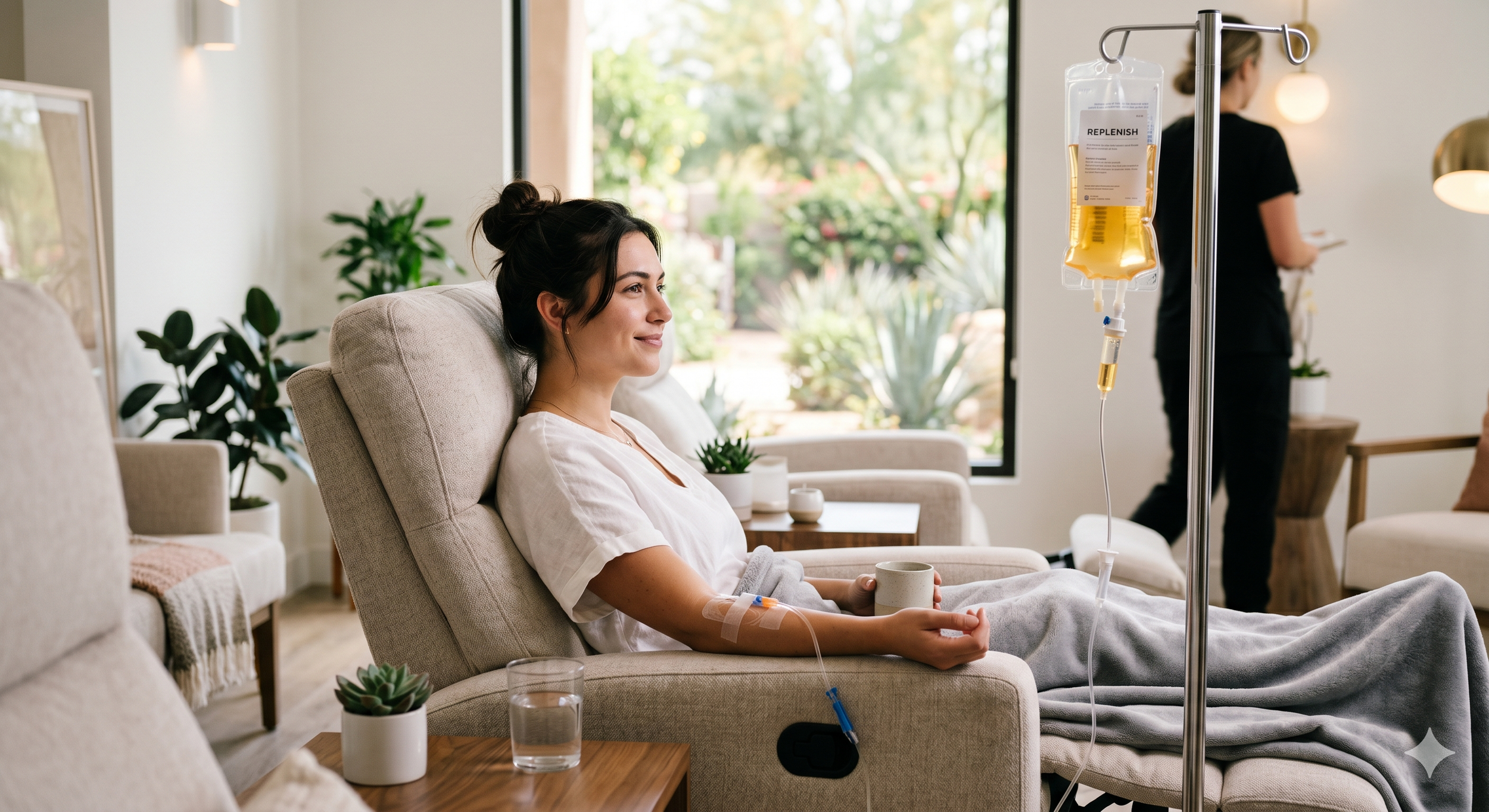 A woman in a hospital bed, receiving IV fluids, smiling and holding a mug in a bright, cozy room with plants and large windows.