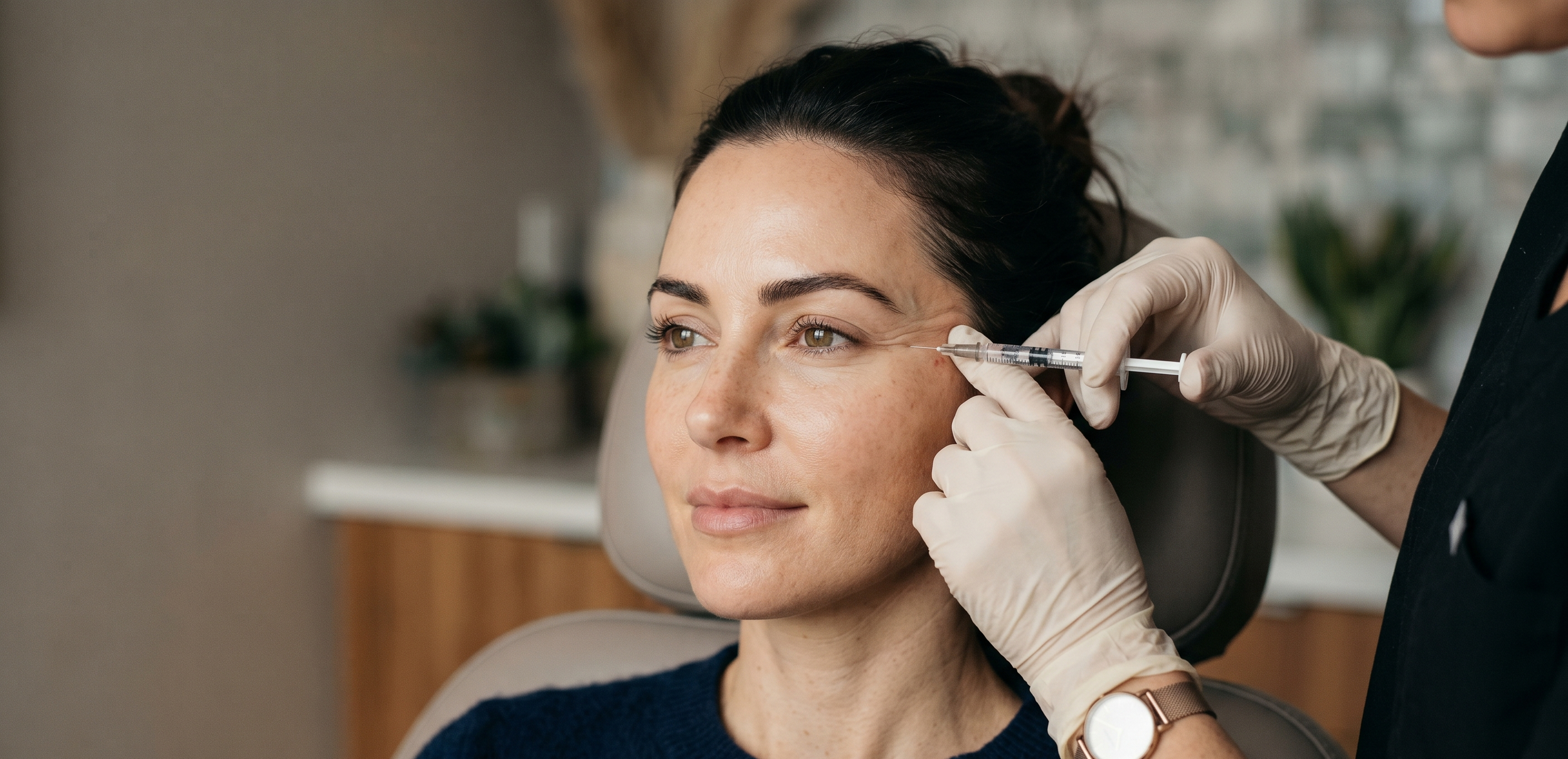 A woman is receiving a Botox injection from a healthcare professional in a clinical setting.