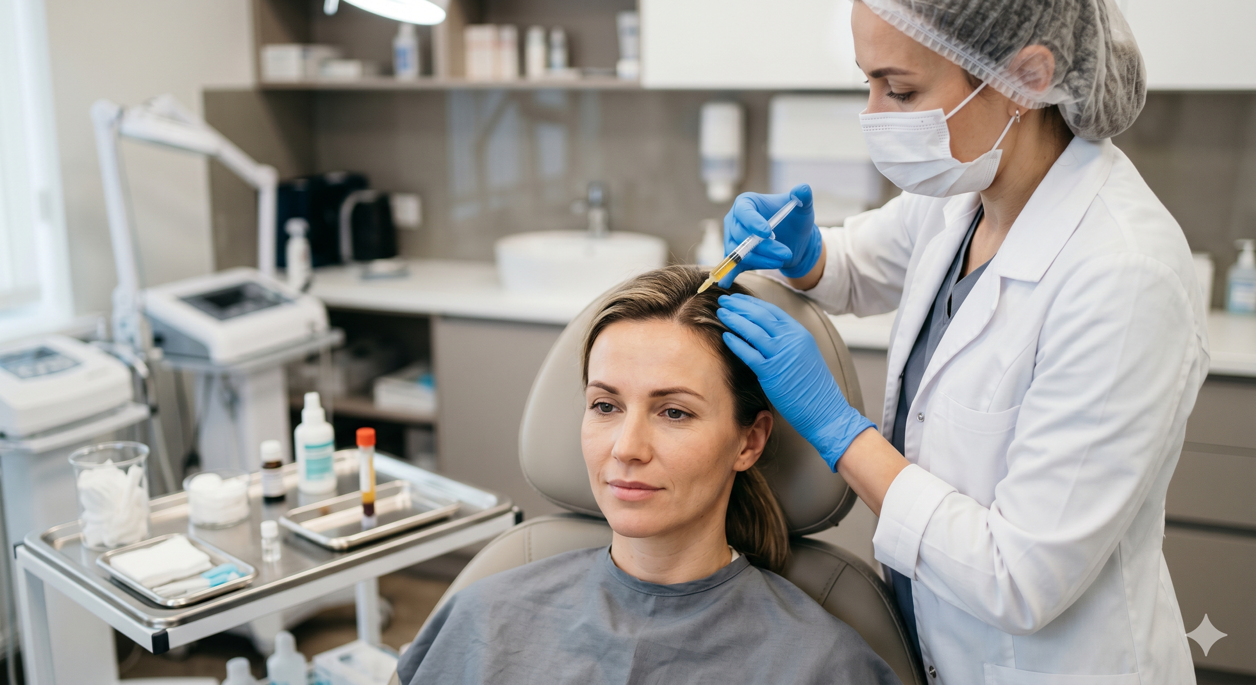 A woman sitting in a medical chair receiving a cosmetic procedure on her scalp from a healthcare professional wearing gloves, a mask, and a hair cover in a medical office.