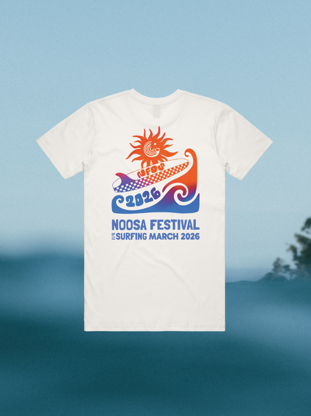White T-shirt with colorful graphic design for the 2026 Noosa Festival of Surfing, featuring a stylized wave, sun with a face, and text in blue and red.