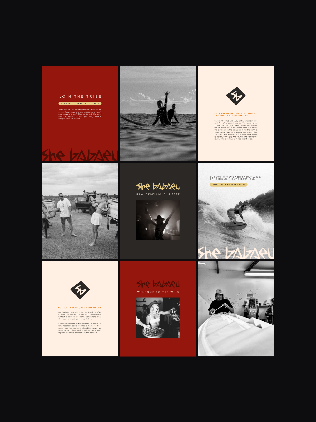 A collage of promotional images for She Gagau, featuring black and white and color photos of people surfing, socializing, and enjoying music, with bold text and logos on a dark background.