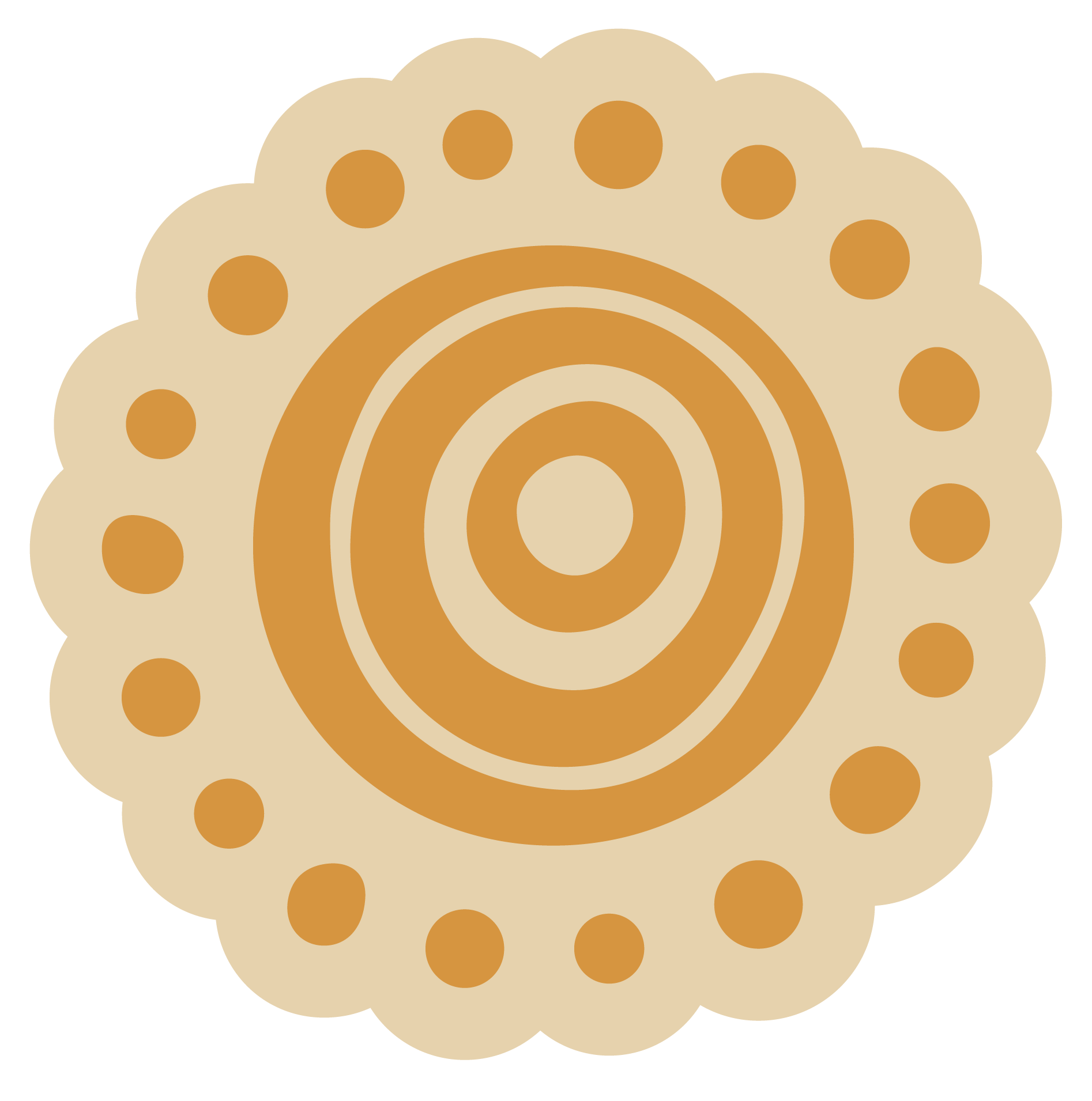 Close-up of a round cookie with a light beige color, decorated with chocolate spots around the edges and concentric chocolate rings in the center.