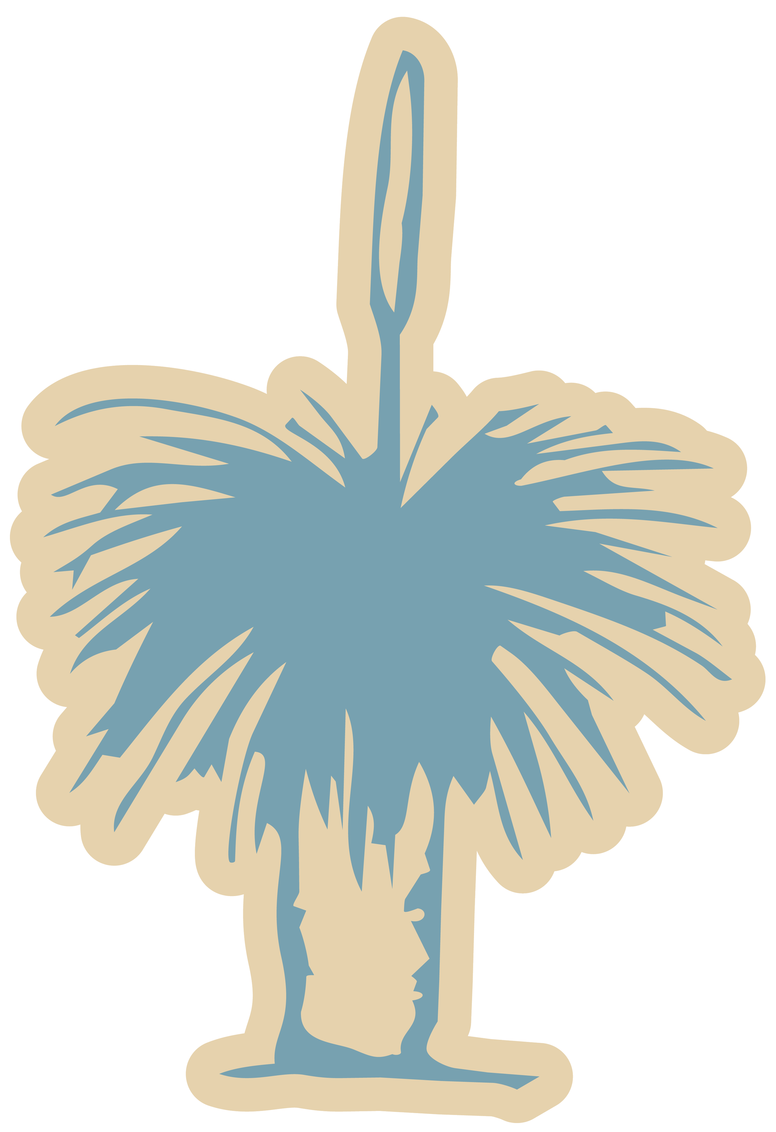 Illustration of a potted plant with greenish-gray leaves and a tall, slender stalk.