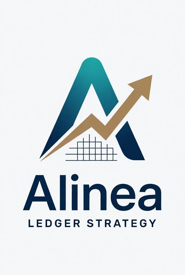 A logo for Alinea Ledger Strategy featuring mountain peaks, an upward trending arrow, and a grid chart with the company name.