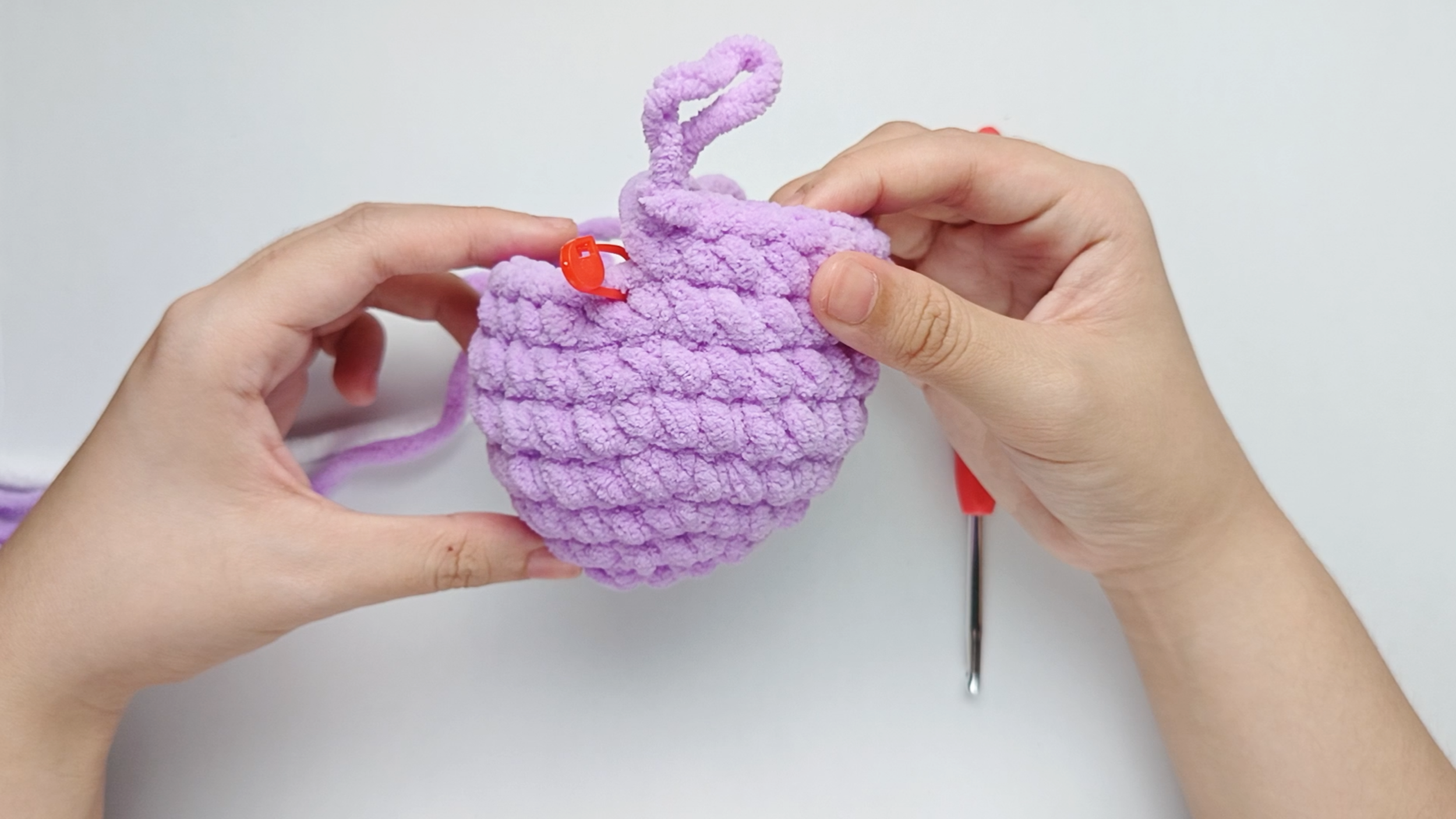 Make 10 purple single crochets (sc): Color change to purple and make 10 purple single crochets (sc).