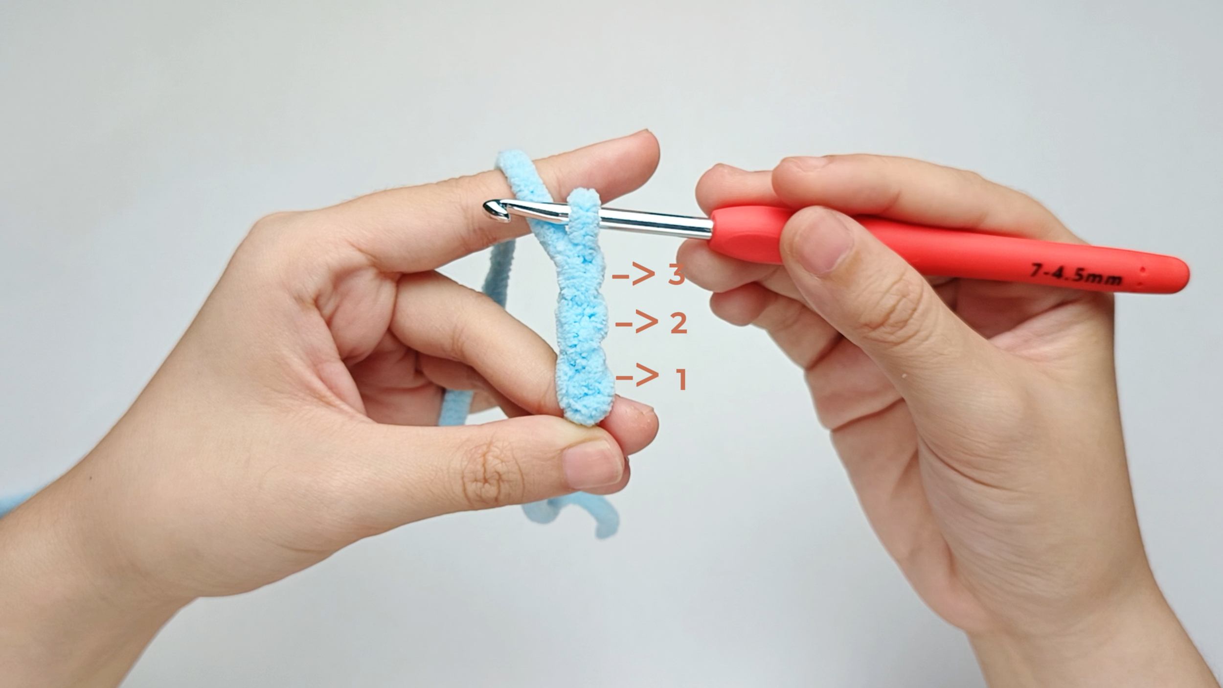Keep going: Repeat the yarn over and pull through to make 2 more chains (ch). There should be 3 chains (ch) in total.