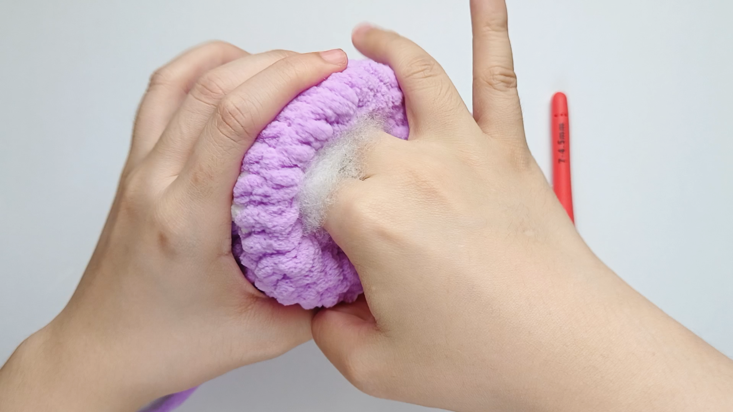 Add more stuffing: Add more stuffing now before the opening gets too small. Fill until the Body feels firm and evenly shaped - but not so full that the stitches are stretched.