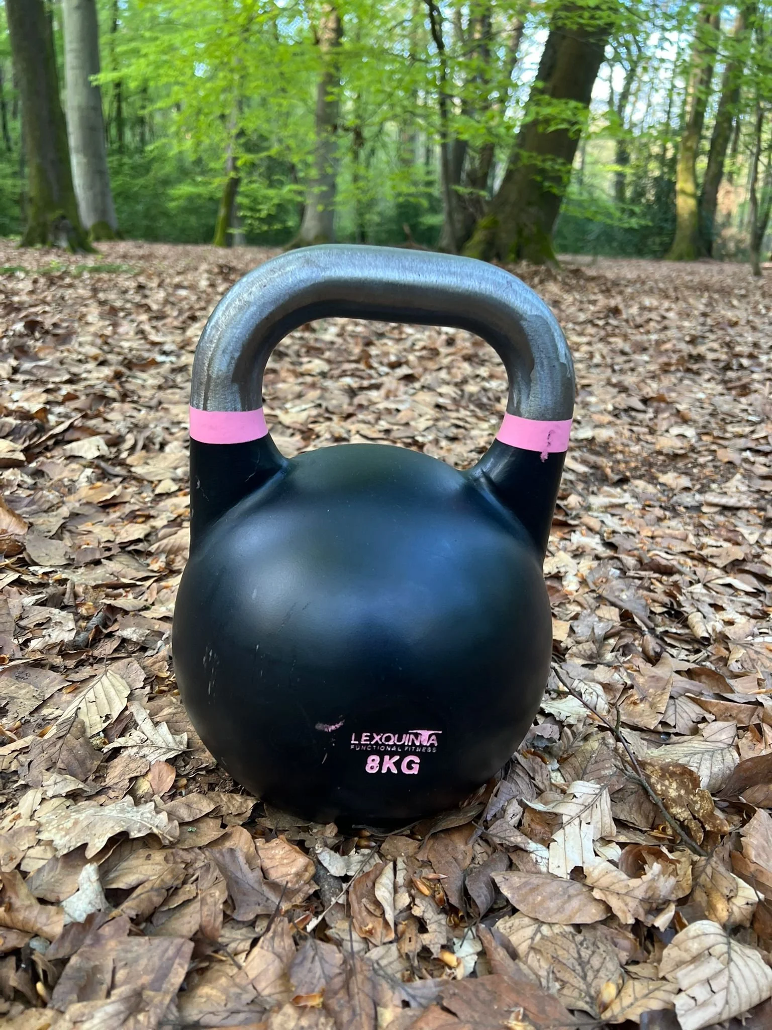 Schwarz kettlebell mit pinken Akzenten auf Laub im Wald.