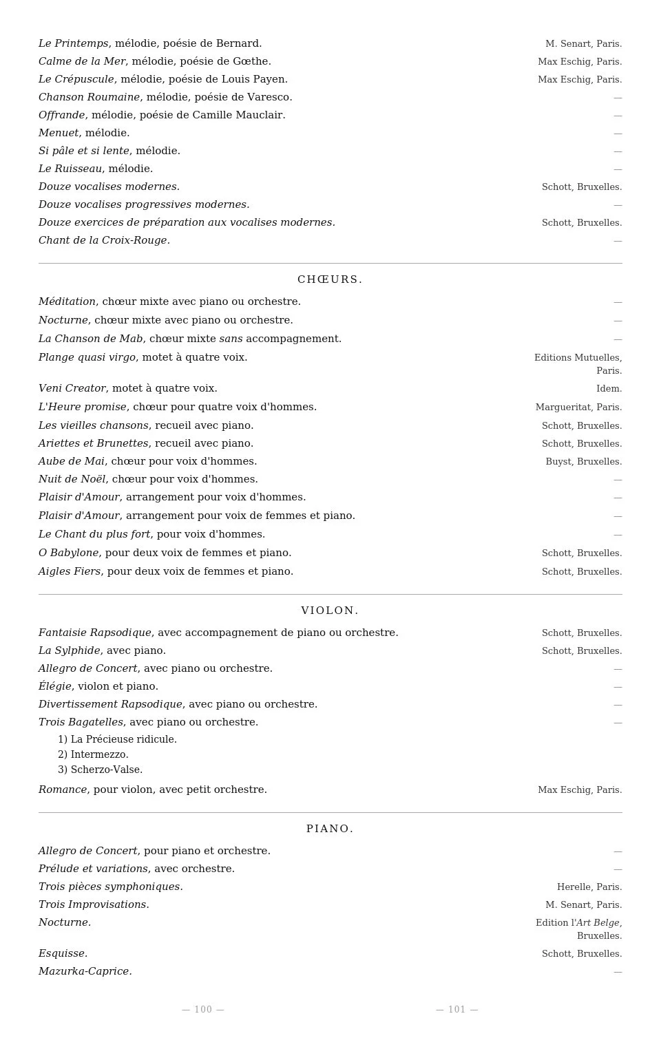 A page of a music catalog listing titles of musical compositions with composers and publishers, separated into sections for vocal, string, and piano music.