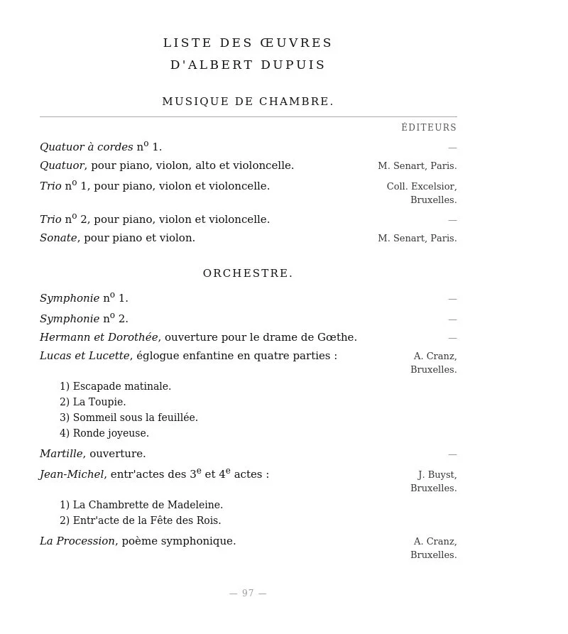 A typed page listing the works of Albert Dupuis, divided into chamber music and orchestra sections, with details about specific compositions and their publishers. The document appears to be a catalog or a bibliographic record.