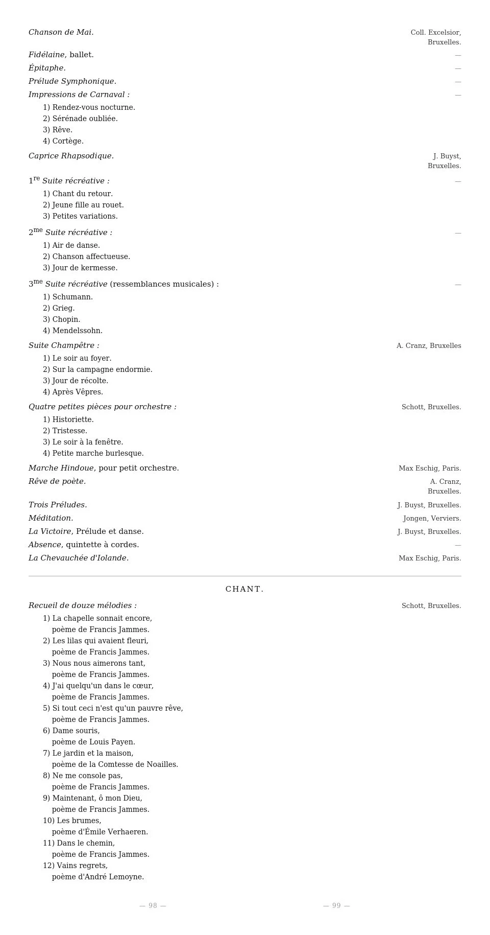 A page of a music program or sheet with titles of musical pieces and composers, including works by Chanson de Mai, Fidéliane, Épitaphe, Prélude Symphonique, and others, with names of composers like J. Buyst, A. Cranz, Max Eschig, and Schott.