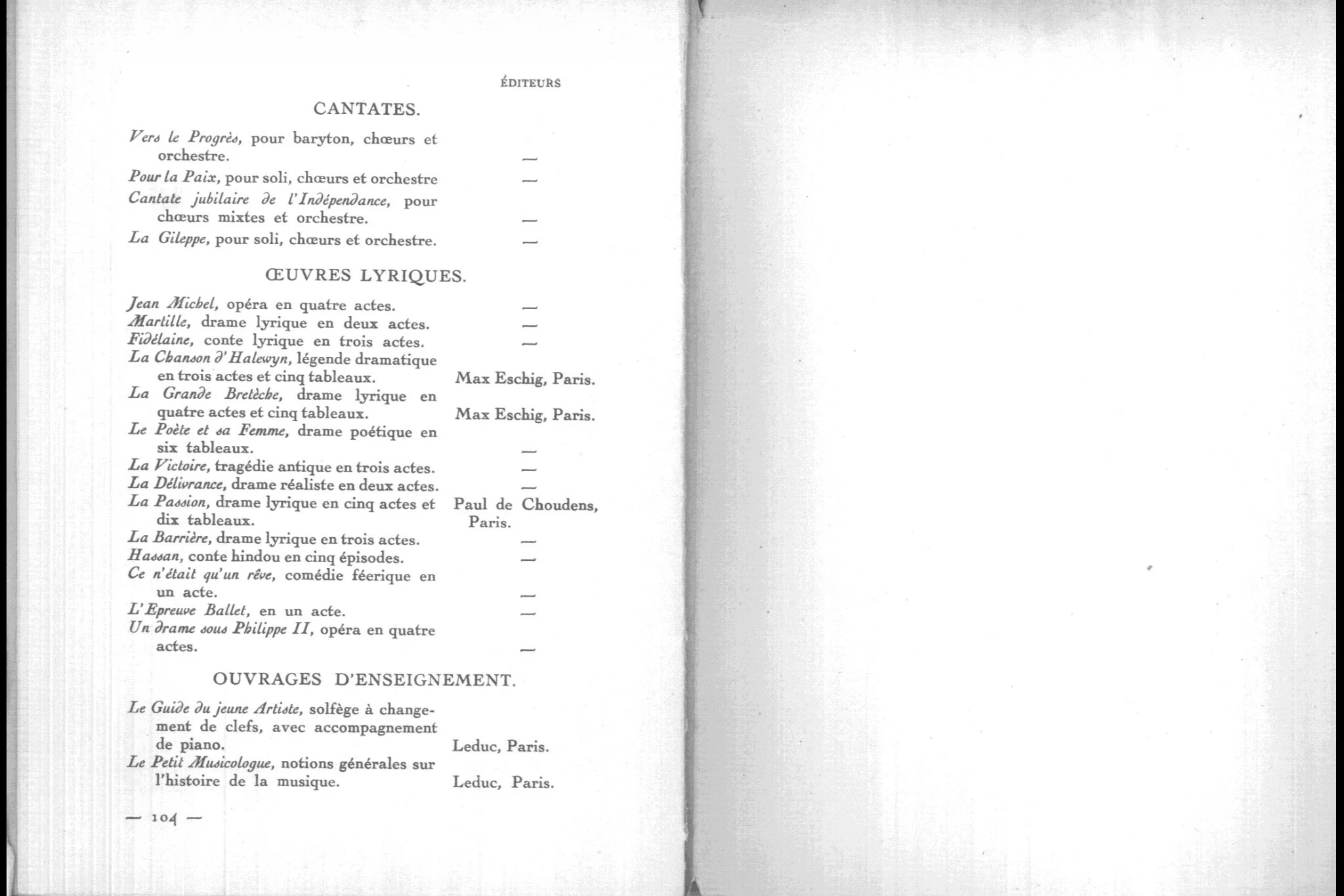 A page from a book listing various musical and theatrical works, mainly in French, with sections titled "CANTATES," "ŒUVRES LYRIQUES," and "OUVRES D’ENSEIGNEMENT," including titles of compositions and names of composers or authors.