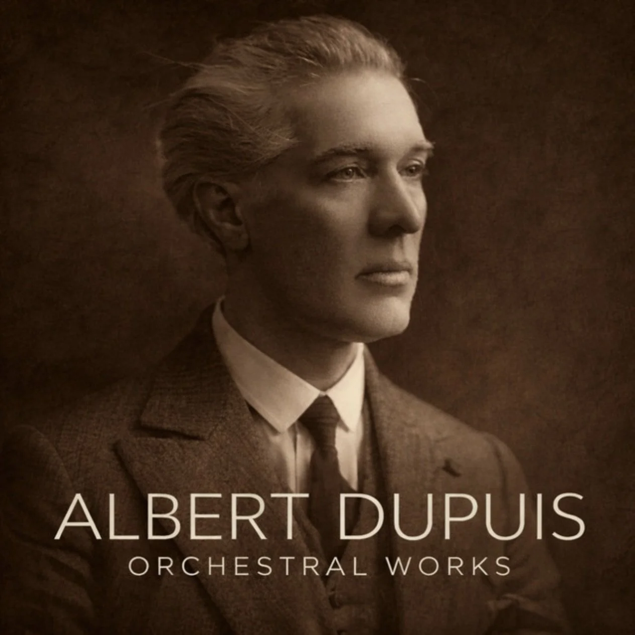 Sepia-toned portrait of a man wearing a suit and tie, looking thoughtfully to the side, with text overlay reading "Albert Dupuis Orchestral Works".